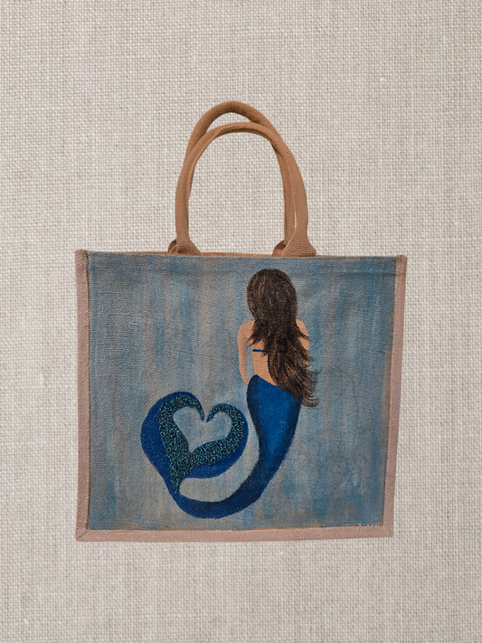Hand painted mermaid on jute tote bag