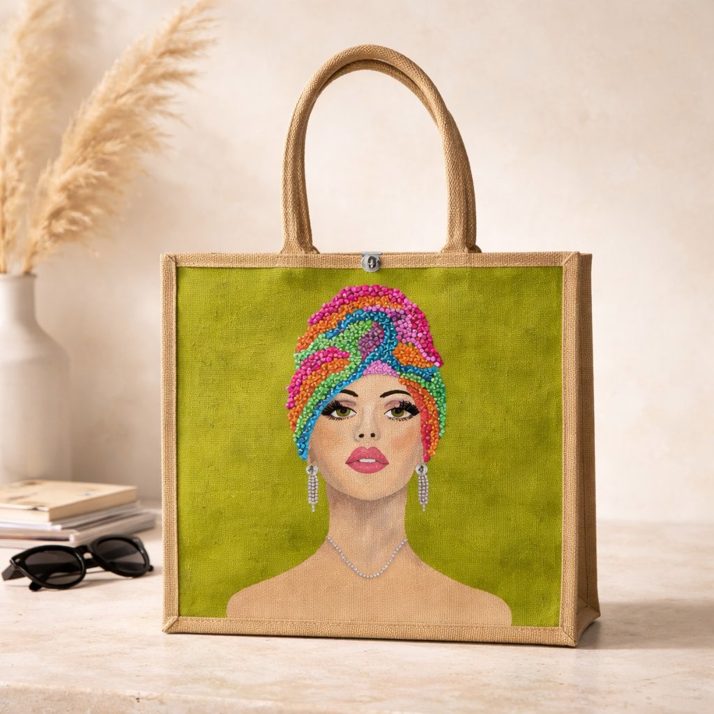 Hand-painted tote bag featuring a colorful Vivid Muse portrait design on a green background