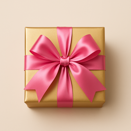 A gold box with pink bow on a cream background