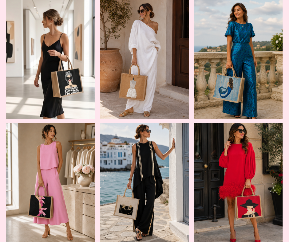 Style personality collection featuring six hand-painted tote bags including Midnight Muse, Blushing Bride, Mermaid, Golden Floral Heirloom, Elegant Lady in Black, and Kicking Up Her Heels, each paired with coordinating fashion-inspired outfits.
