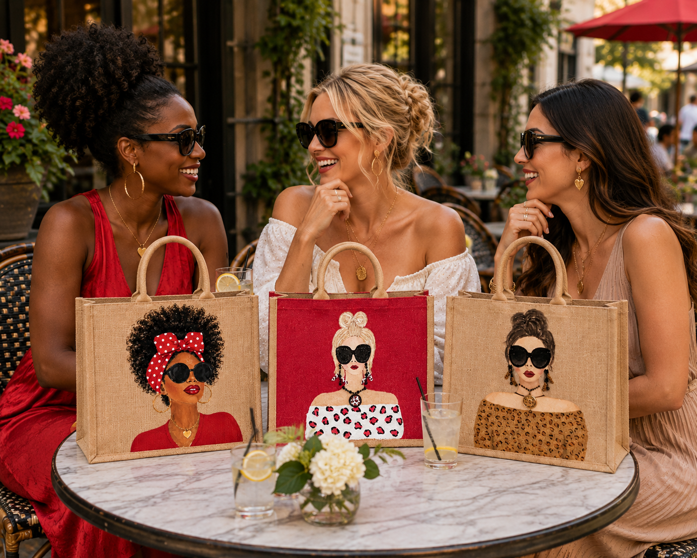 Three stylish women enjoying lunch at an outdoor café with hand-painted fashion tote bags displayed on the table, showcasing wearable art inspired by unique personal style.