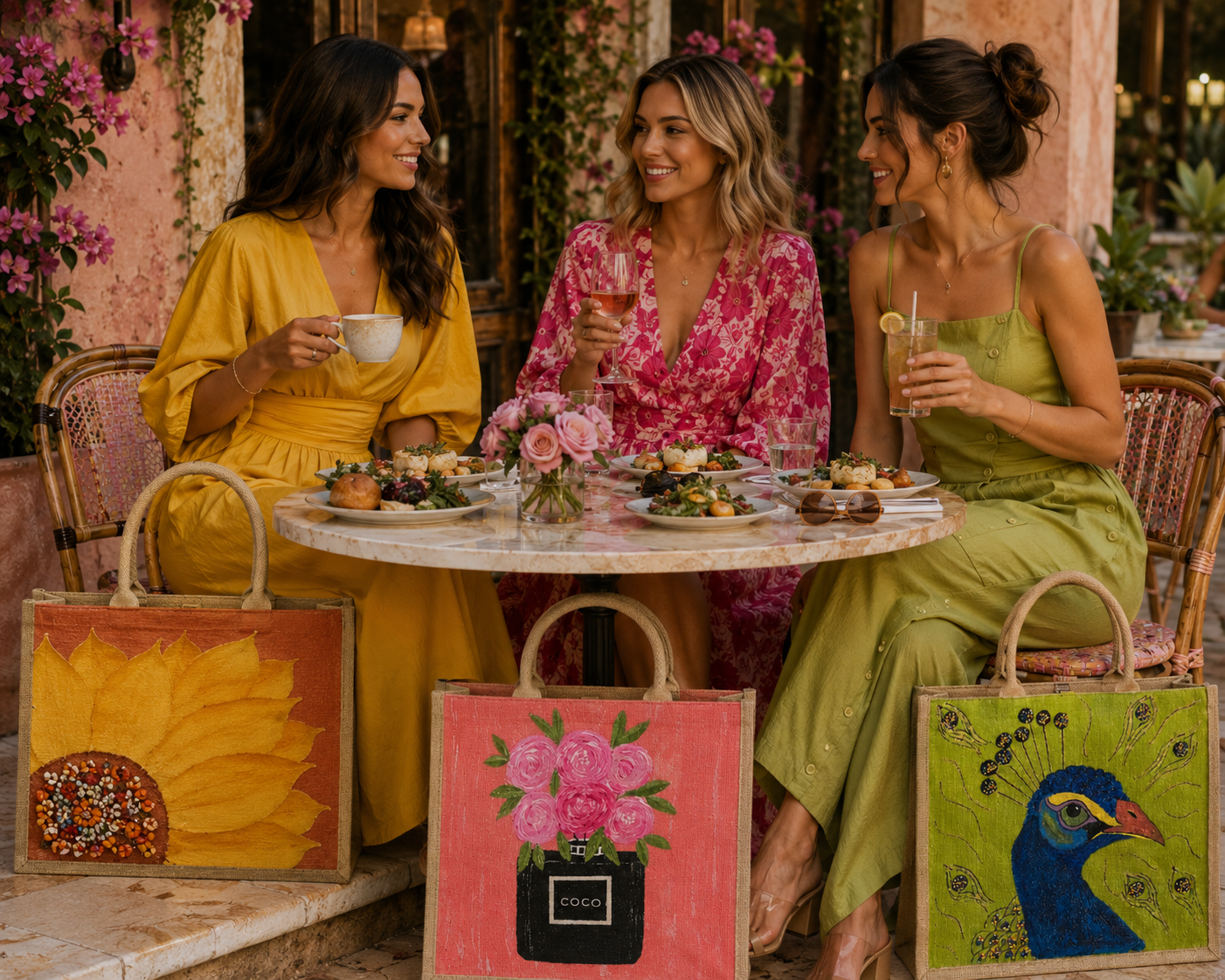 Three women enjoying brunch with hand-painted tote bags featuring sunflower, floral perfume bottle, and peacock designs, showing stylish everyday use of wearable art handbags.
