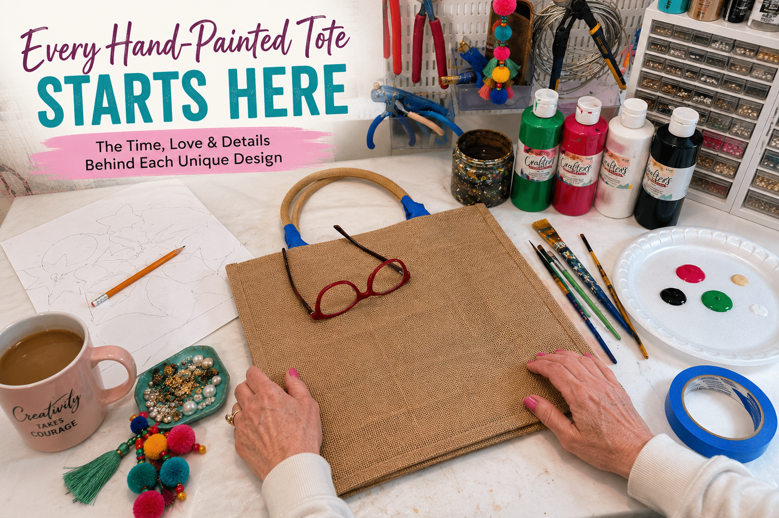 Blank jute tote surrounded by paints, brushes, sketch, and art supplies in Dana's Uncommon Glass studio before the hand-painting process begins.
