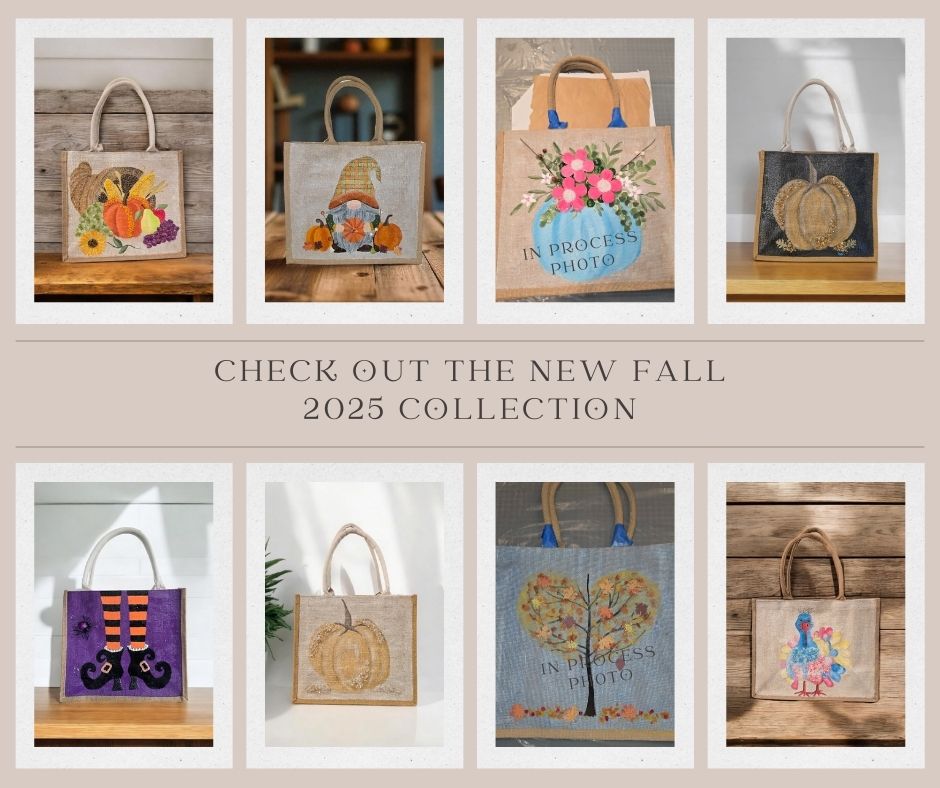Fall 2025 Collection by Dana’s Uncommon Glass – hand-painted jute tote bags including pumpkins, turkeys, gnomes, fall florals, and Halloween designs