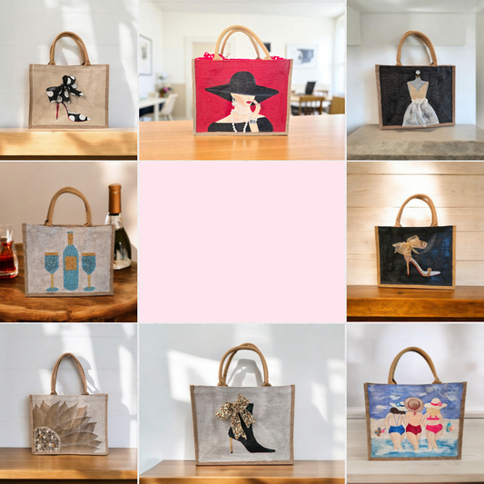 Collage of hand-painted best-selling tote bags from Dana’s Uncommon Glass featuring stilettos, sunflowers, wine glasses, and girlfriends at the beach.