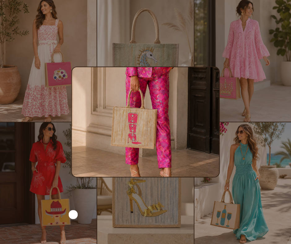 Women styling colorful hand-painted embellished tote bags featuring jeweled shoes, fashion designs, a crown, peacock and champagne.