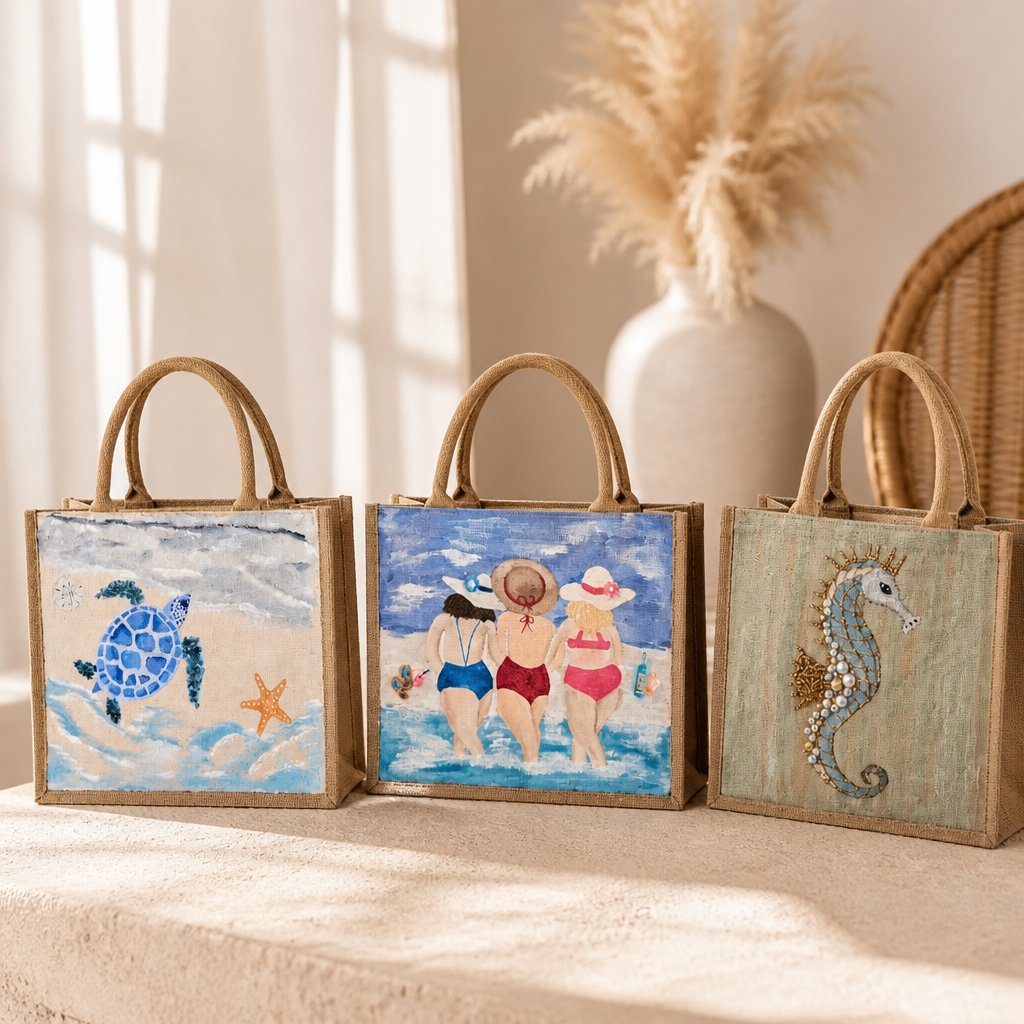 Three hand-painted coastal jute tote bags featuring a sea turtle, girlfriends at the beach, and a beaded seahorse displayed together in a sunlit studio.