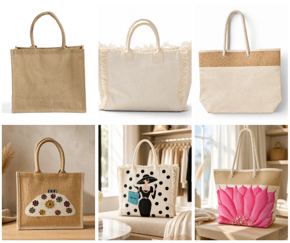 Blank and finished hand-painted jute, fringed canvas and rope handle totes by Dana's Uncommon Glass