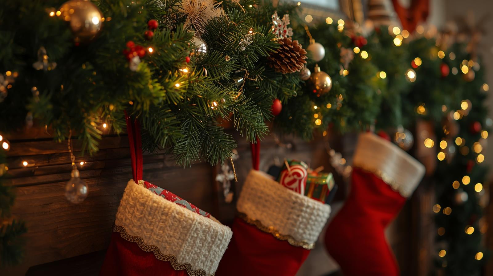 Fireplace mantel decorated for Christmas with filled stockings hanging from it