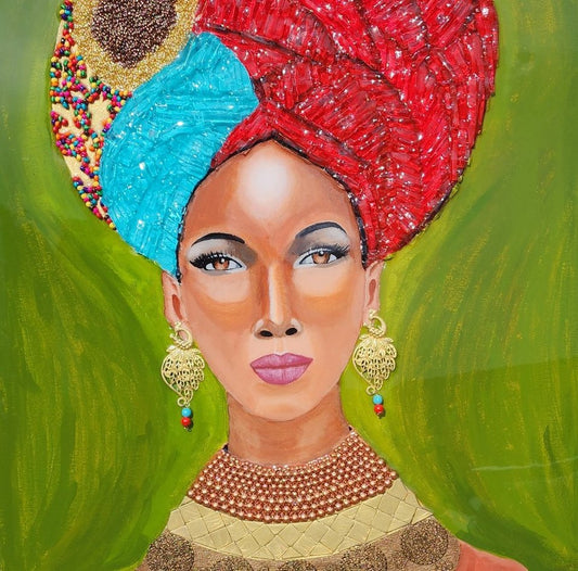 Mixed media portrait with red and turquoise glass headwrap, beads, and metallic accents on green backdrop.