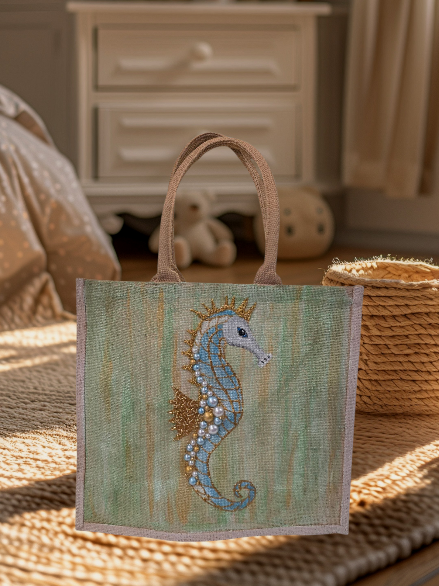 Seahorse Hand-Painted Jute Tote Bag with Pearly Seashell Accents