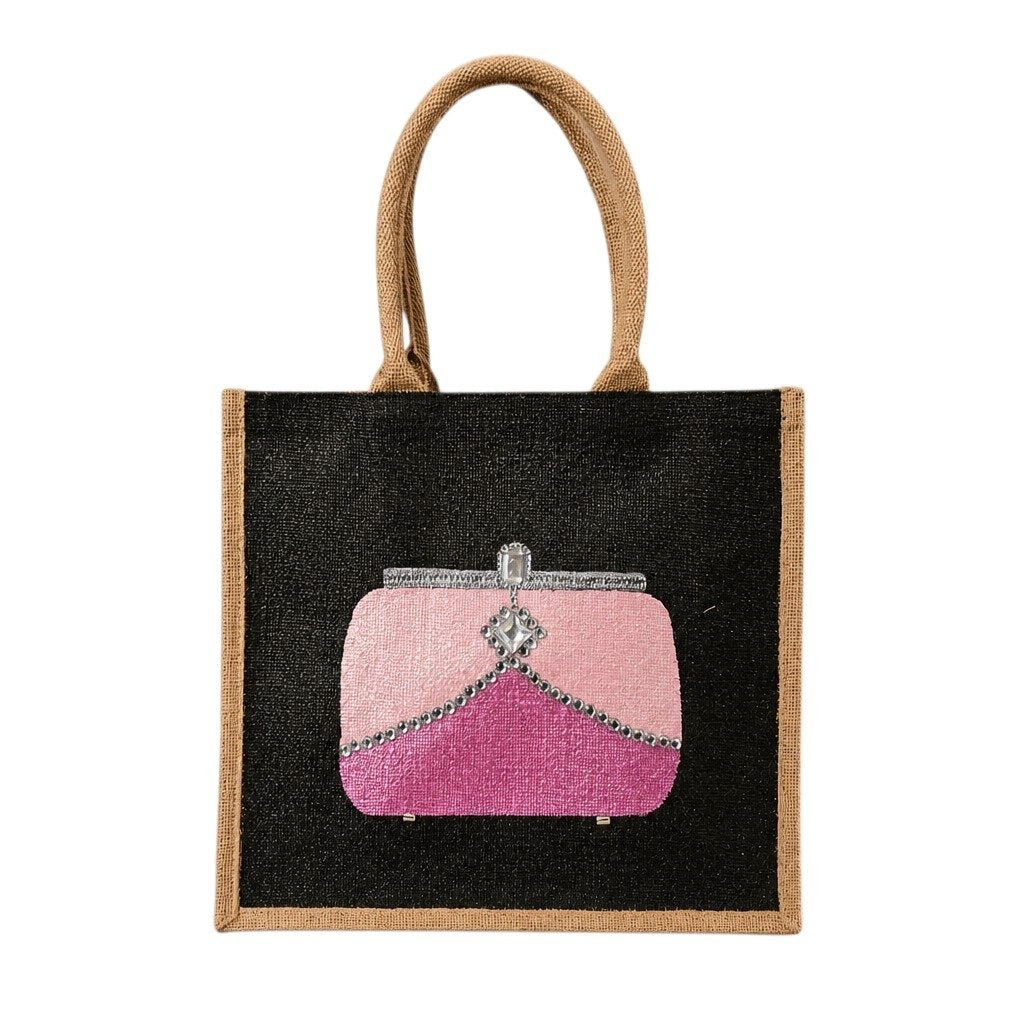 Hand-painted black jute tote bag featuring a chic pink clutch purse design with silver embellishment details, perfect for adding a playful pop of glamour to everyday style.