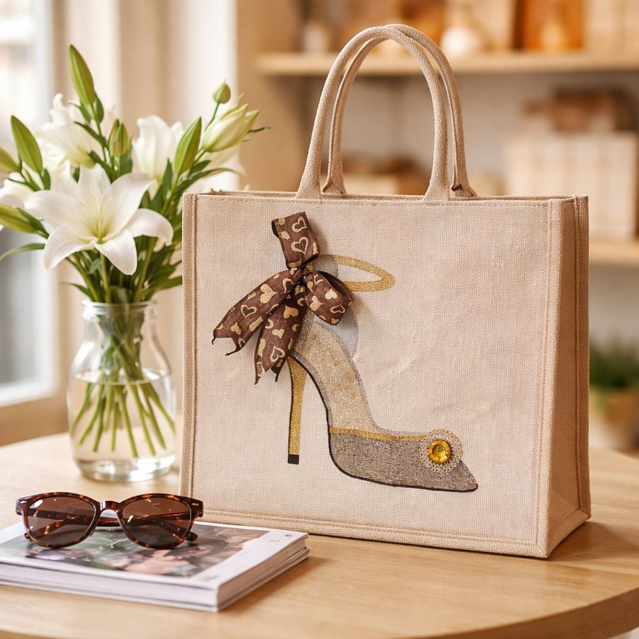 Hand-painted jute tote bag featuring a neutral-toned high heel shoe with sheer ribbon and gold embellishment detail, accented with a brown heart-print bow.