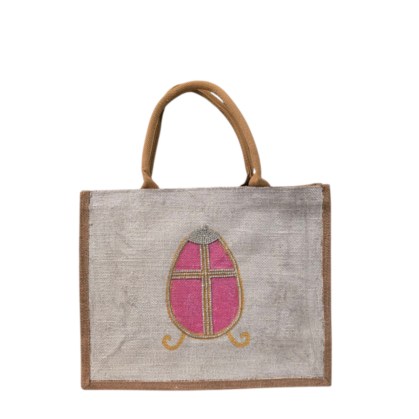 Easter-Tote, Pink-Rhinestone-Egg-Hand-Painted-Canvas-Bag, Artistic-Design
