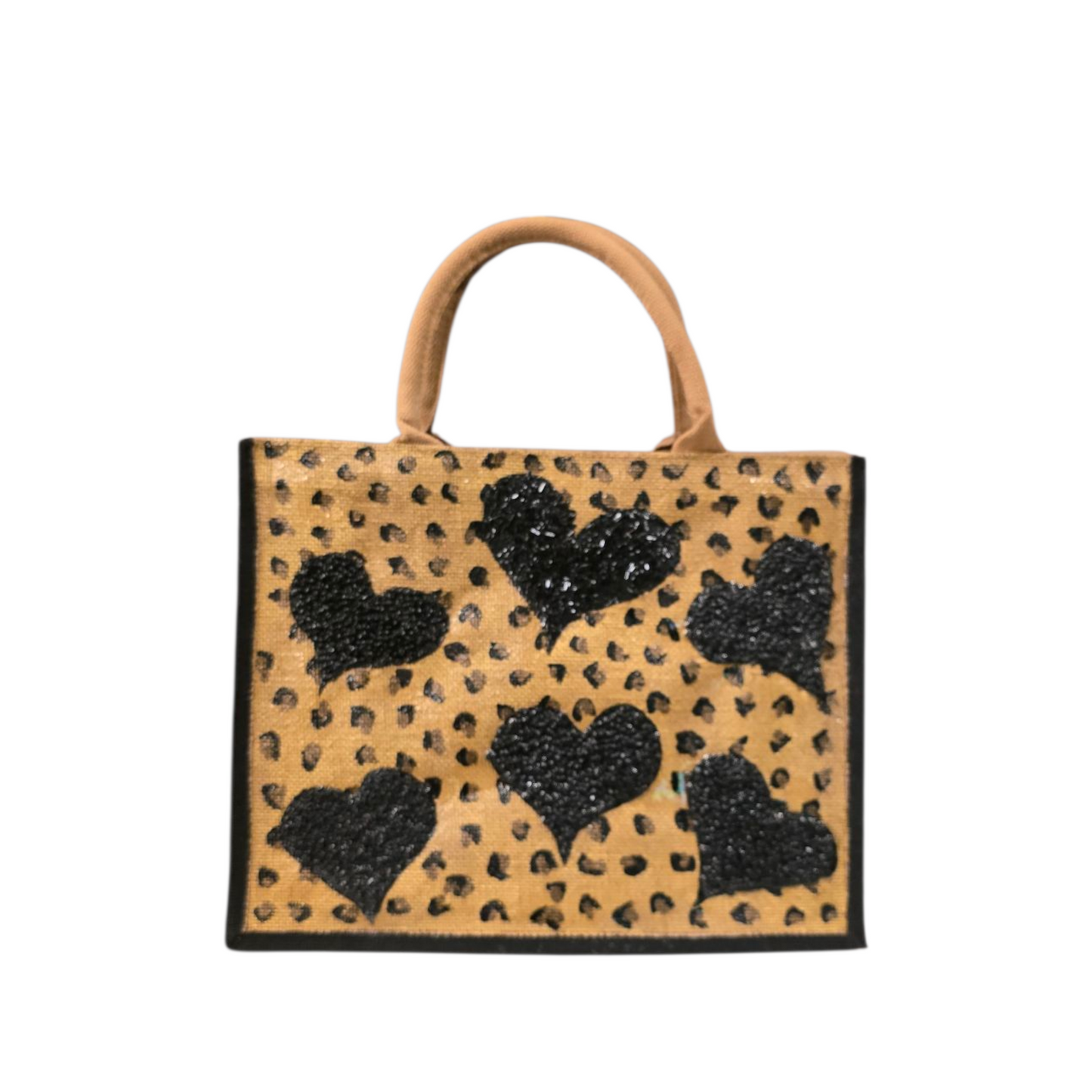 black hearts tote bag, leopard print tote bag, animal print tote bag, beaded hearts jute bag, eco-friendly tote