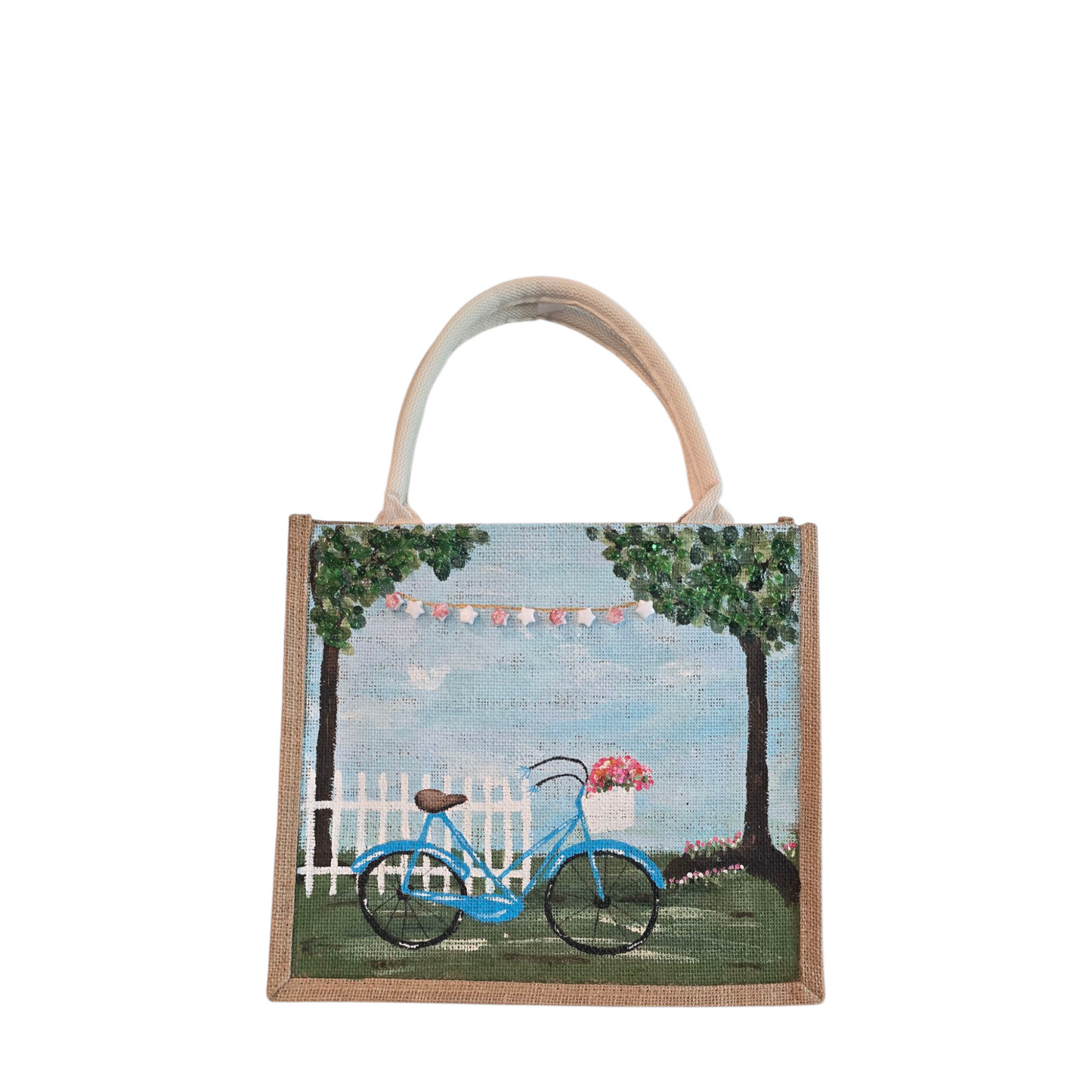 bicycle tote bag, blue tote bag, hand painted beaded bike jute bag, eco-friendly bicycle market bag