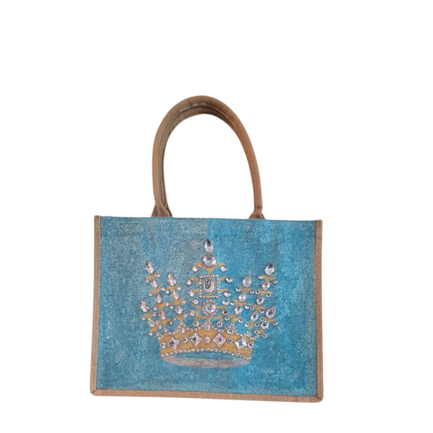 gold crown tote bag, metallic turquoise tote bag, queen tote bag, princess tote bag, beaded crown jute bag, eco-friendly tote