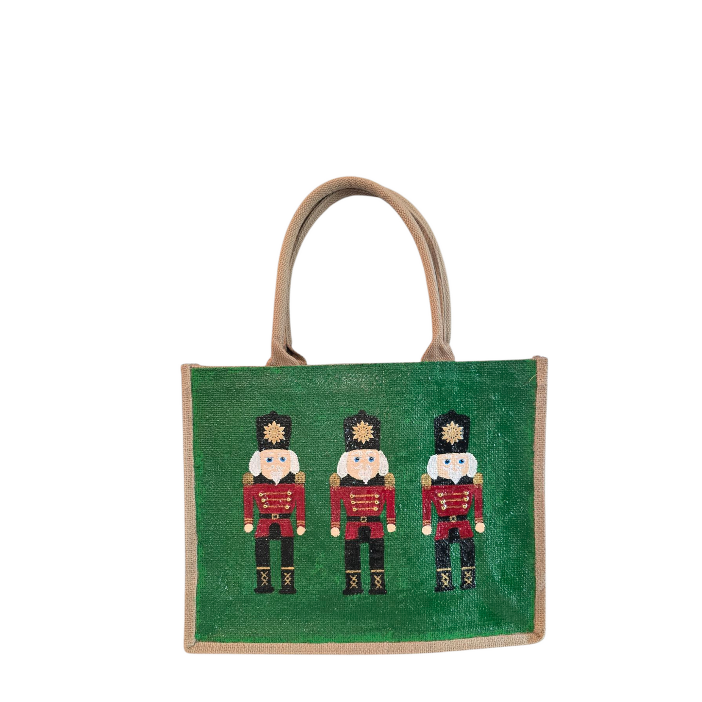 nutcracker tote bag, hand painted Christmas tote, beaded holiday tote, green jute Christmas market bag