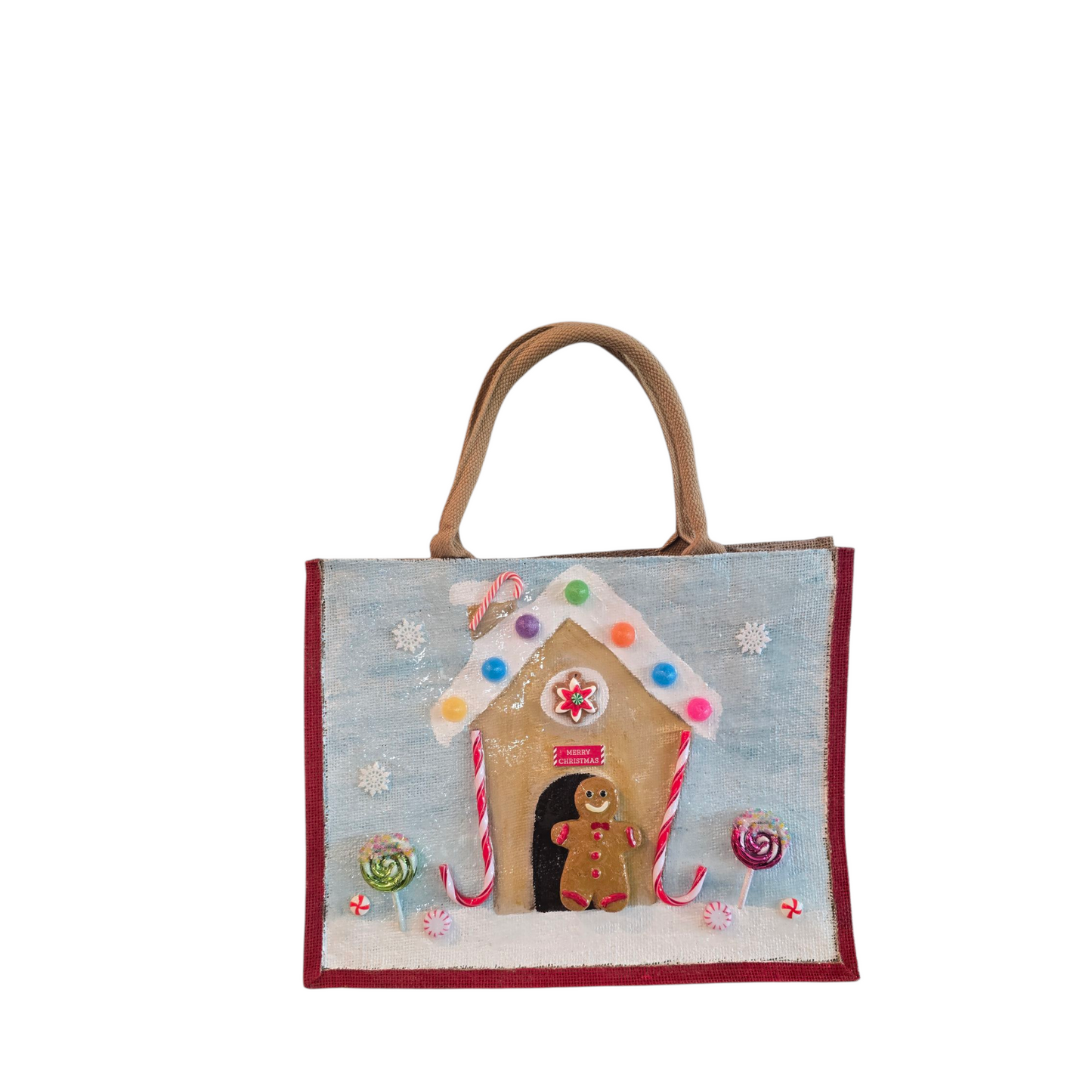 gingerbread house tote bag, hand painted Christmas tote, beaded holiday tote, blue jute Christmas market bag