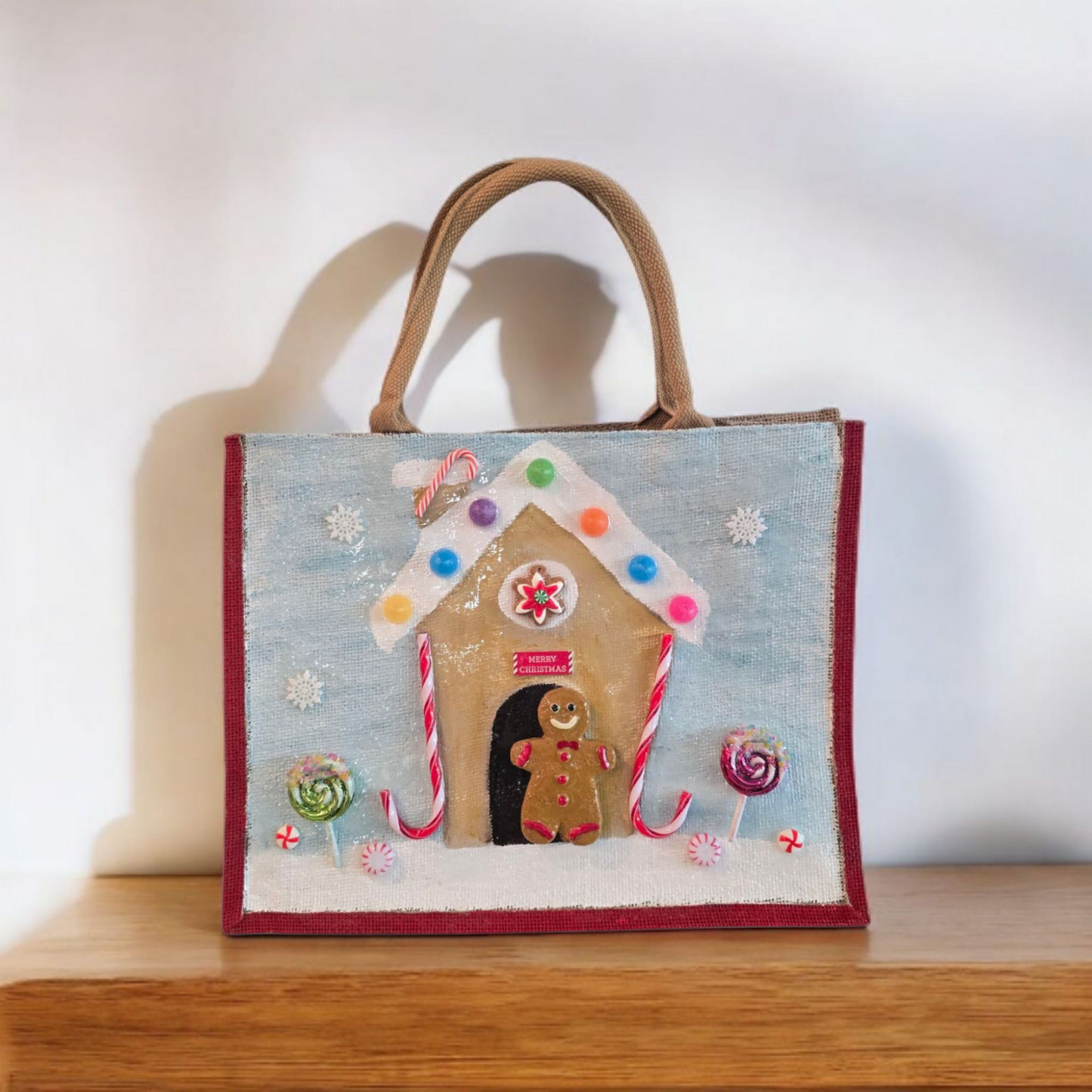 gingerbread house tote bag, hand painted Christmas tote, beaded holiday tote, blue jute Christmas market bag