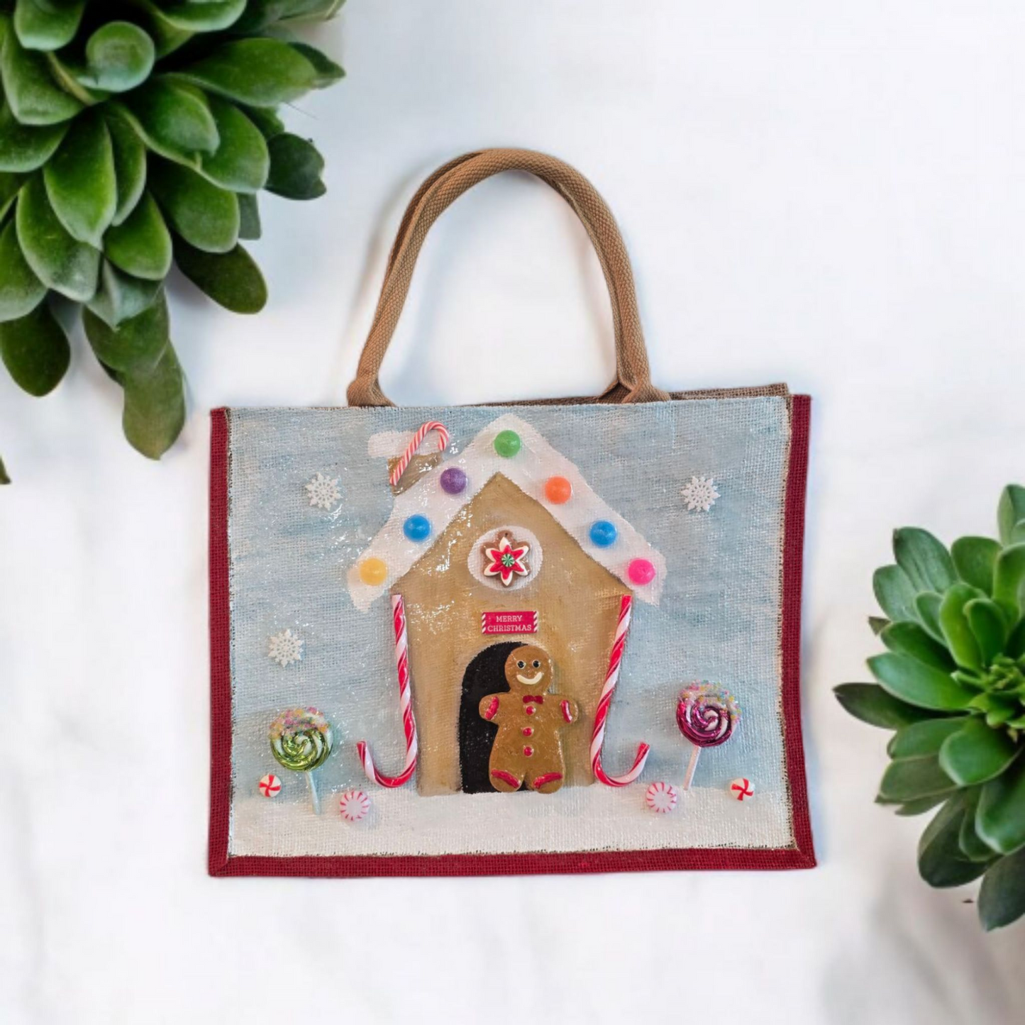 gingerbread house tote bag, hand painted Christmas tote, beaded holiday tote, blue jute Christmas market bag