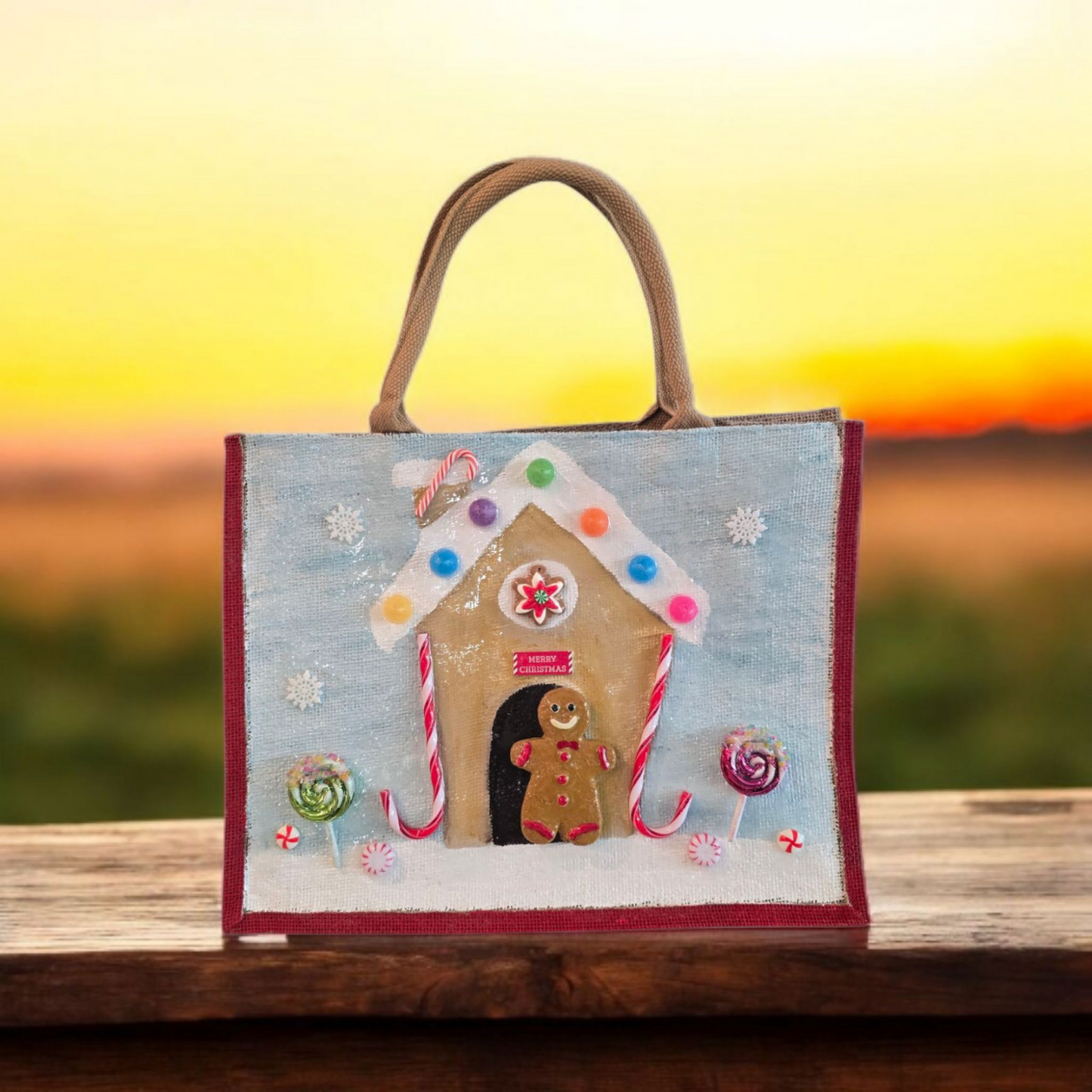 gingerbread house tote bag, hand painted Christmas tote, beaded holiday tote, blue jute Christmas market bag