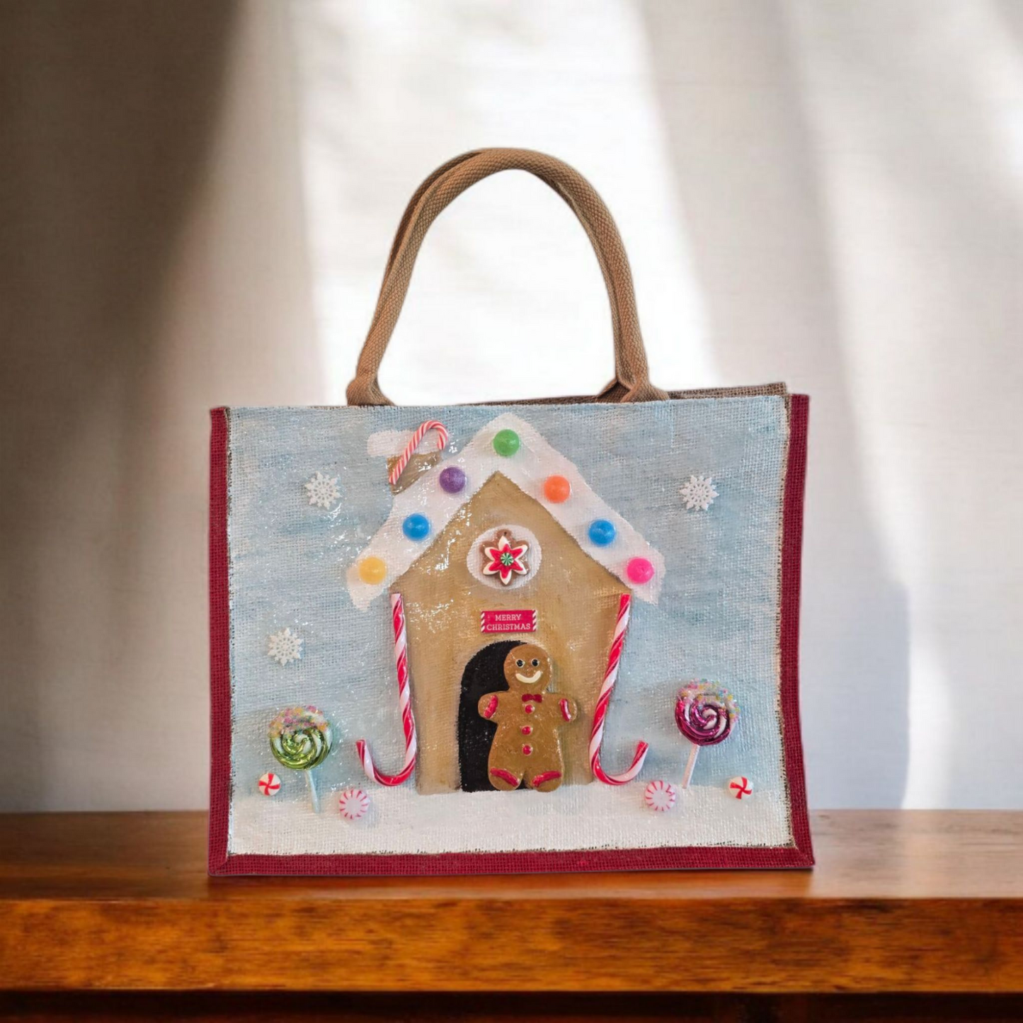 gingerbread house tote bag, hand painted Christmas tote, beaded holiday tote, blue jute Christmas market bag