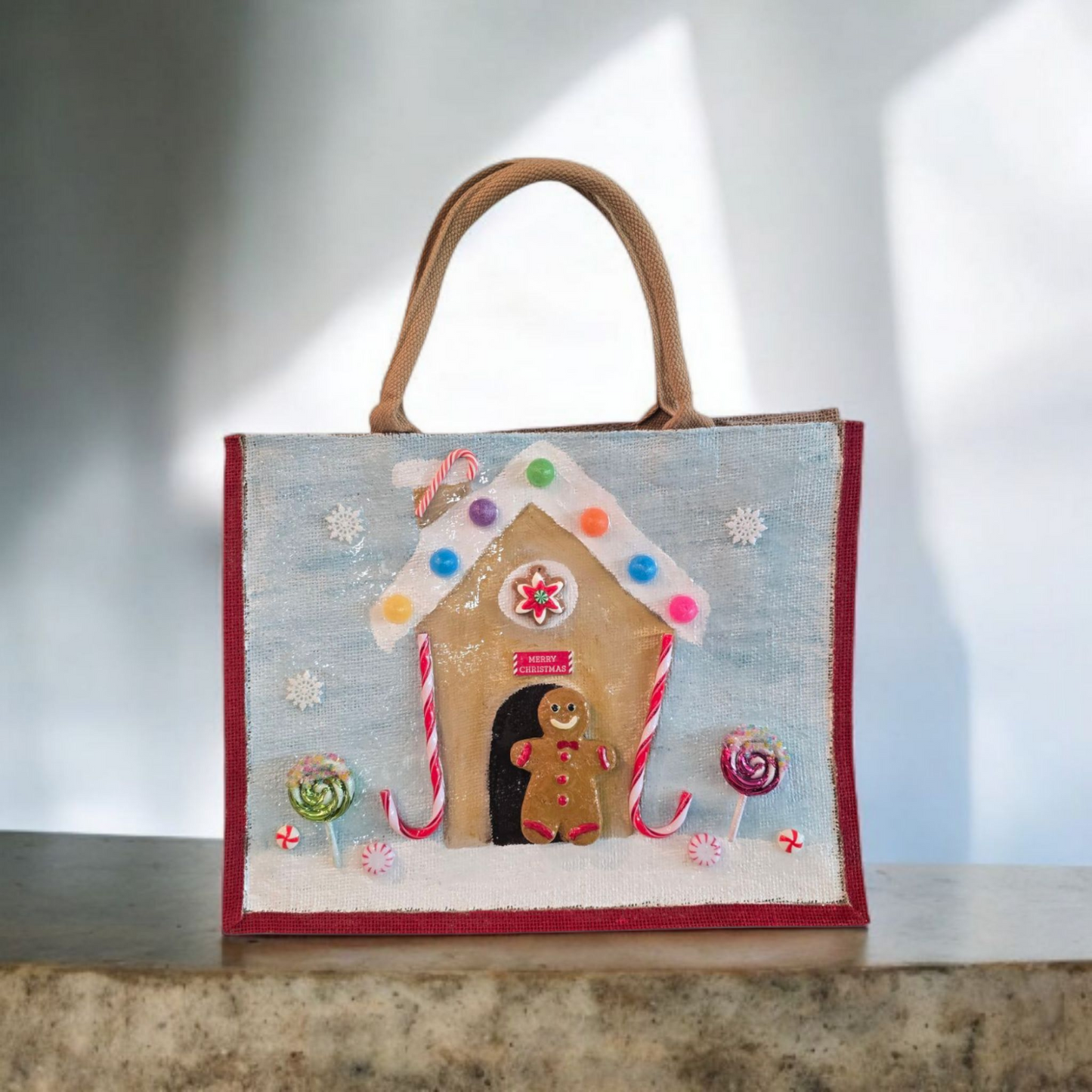 gingerbread house tote bag, hand painted Christmas tote, beaded holiday tote, blue jute Christmas market bag