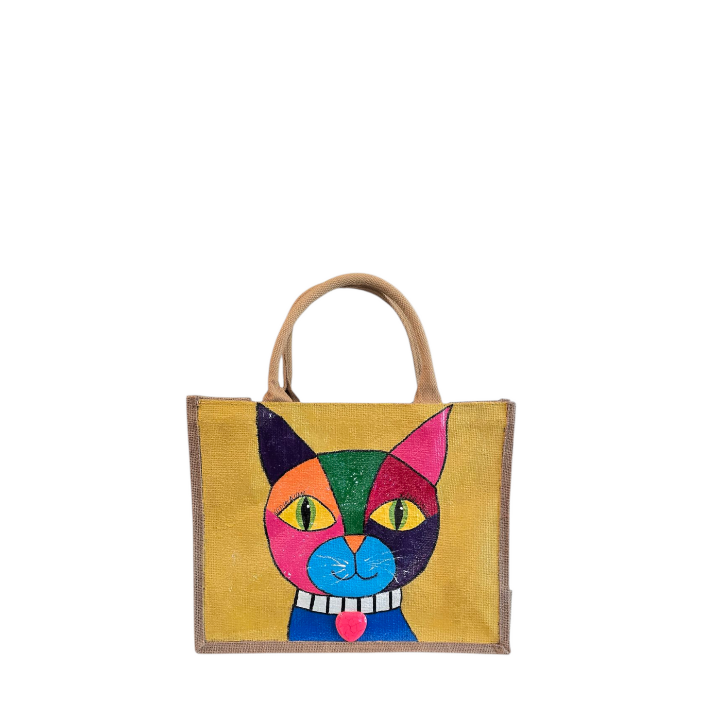 abstract cat tote bag, yellow cat tote, hand painted beaded cat jute bag, eco-friendly cat market bag