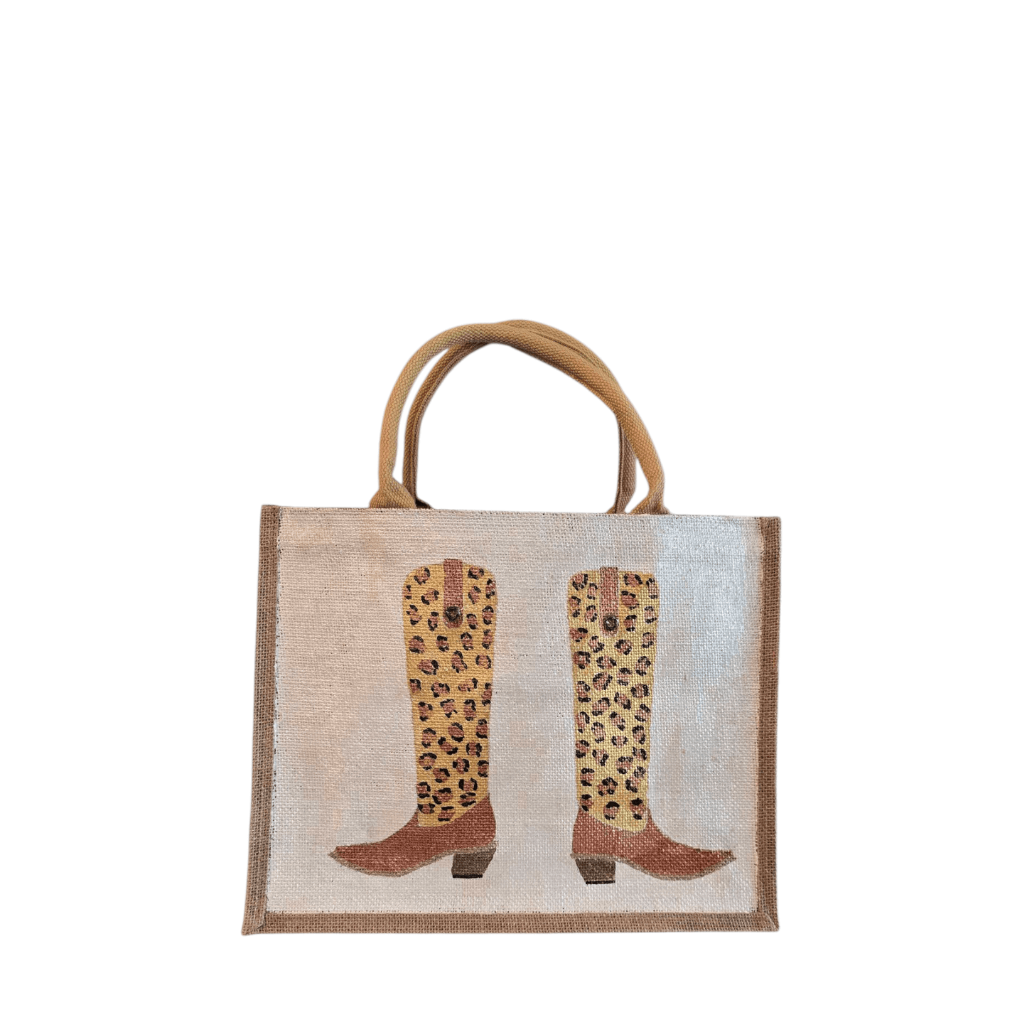 Off white jute tote bag with hand-painted leopard print cowboy boots, detailed with bead accents.