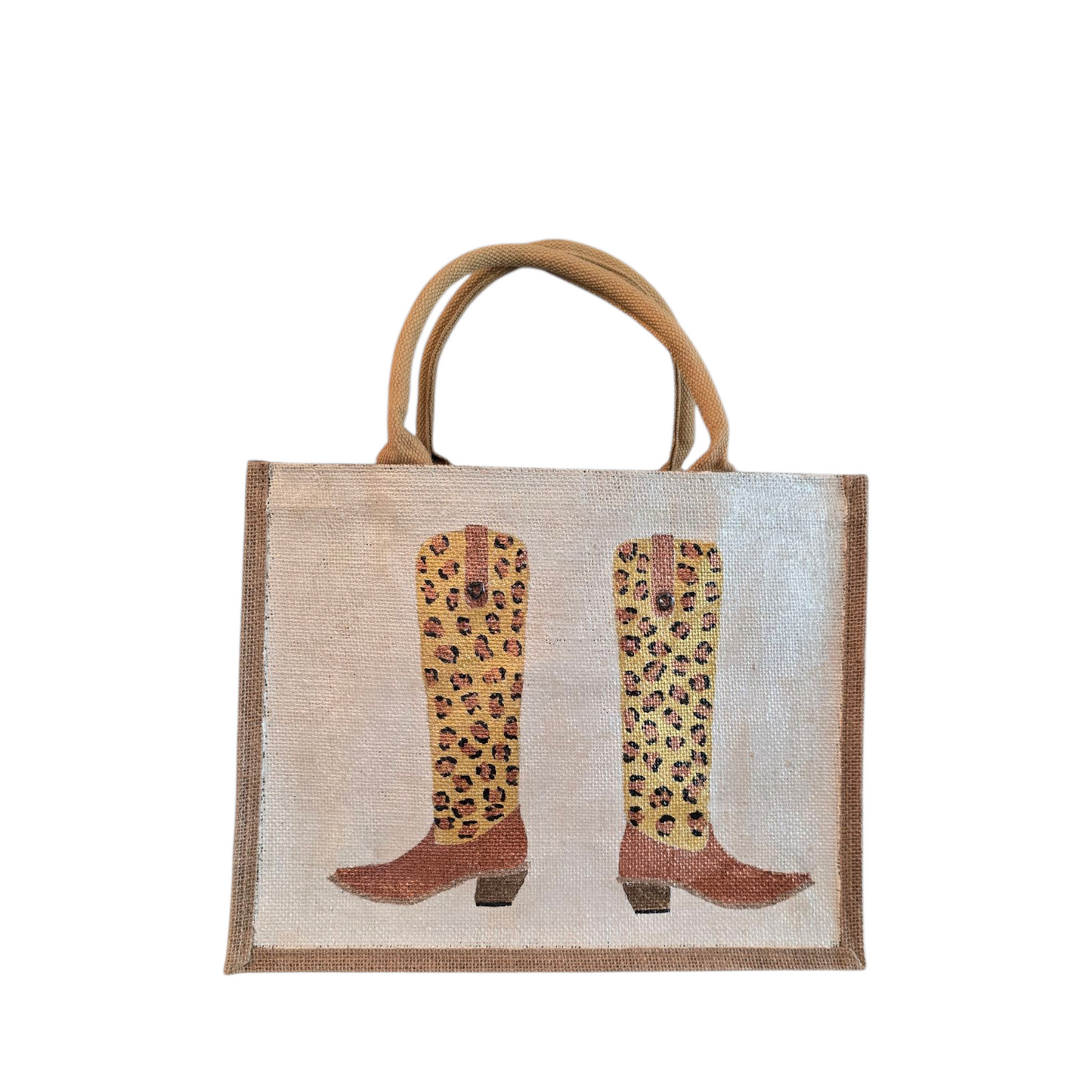 Off white jute tote bag with hand-painted leopard print cowboy boots, detailed with bead accents.