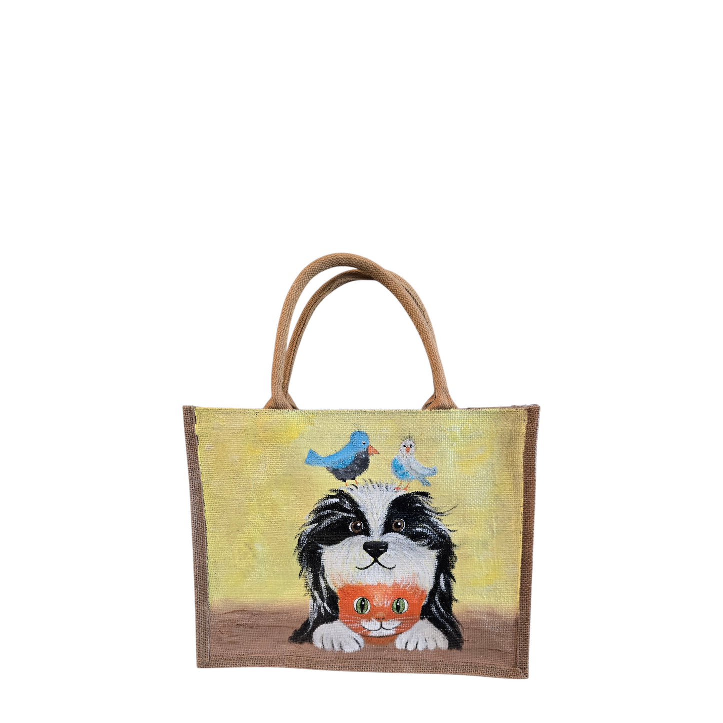 best buds tote bag, yellow tote bag, hand painted beaded animal jute bag, eco-friendly animal tote, friends animal tote