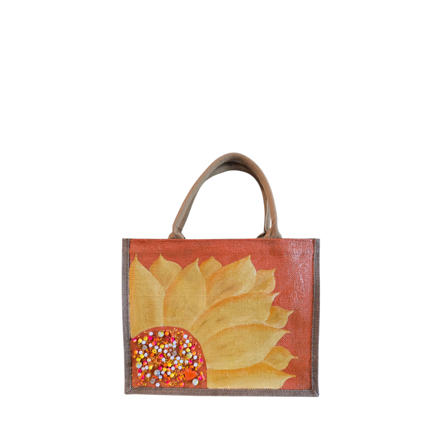orange sunflower tote bag, floral jute tote, eco-friendly sunflower market bag, hand painted tote bag