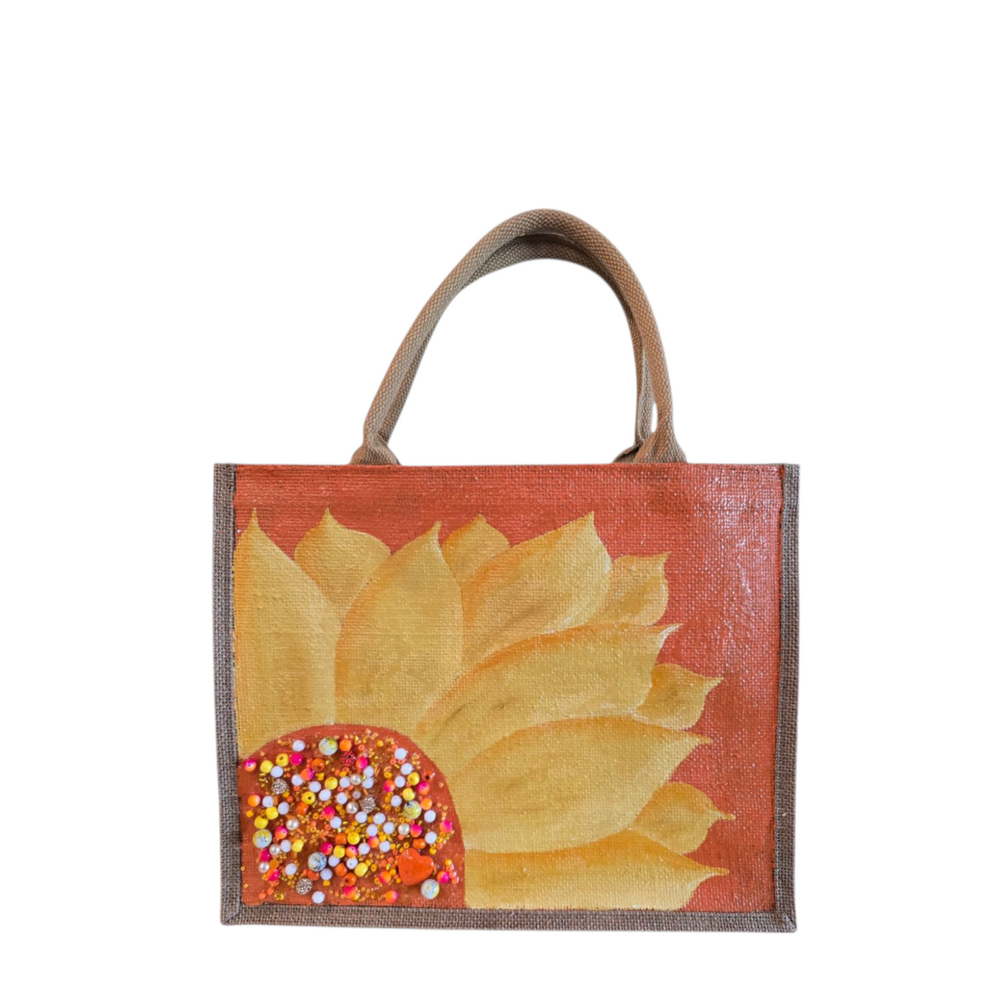 orange sunflower tote bag, floral jute tote, eco-friendly sunflower market bag, hand painted tote bag
