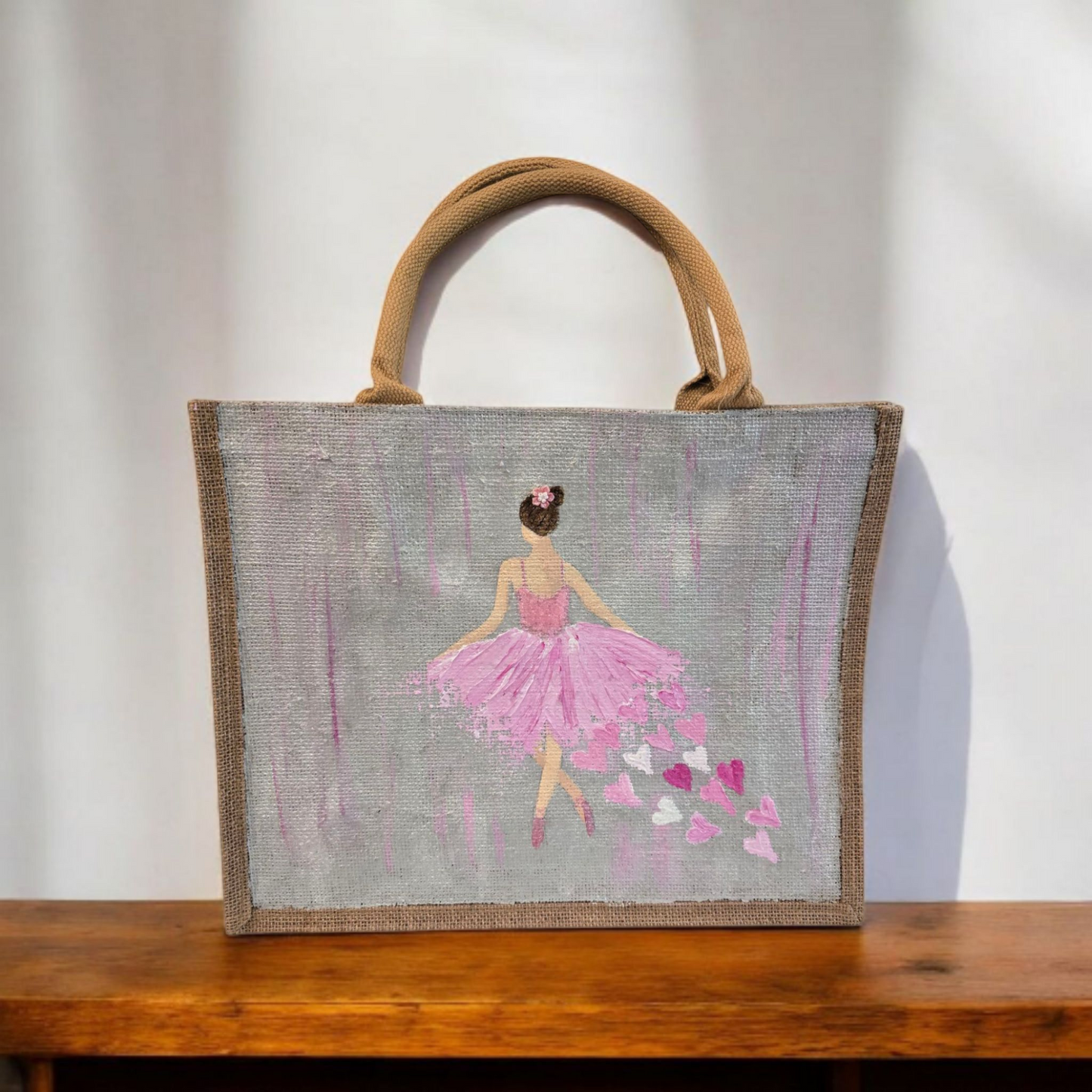 heart of a dancer tote bag, dancer tote bag, hearts tote bag, beaded dancer jute bag, eco-friendly tote bag, off white tote bag