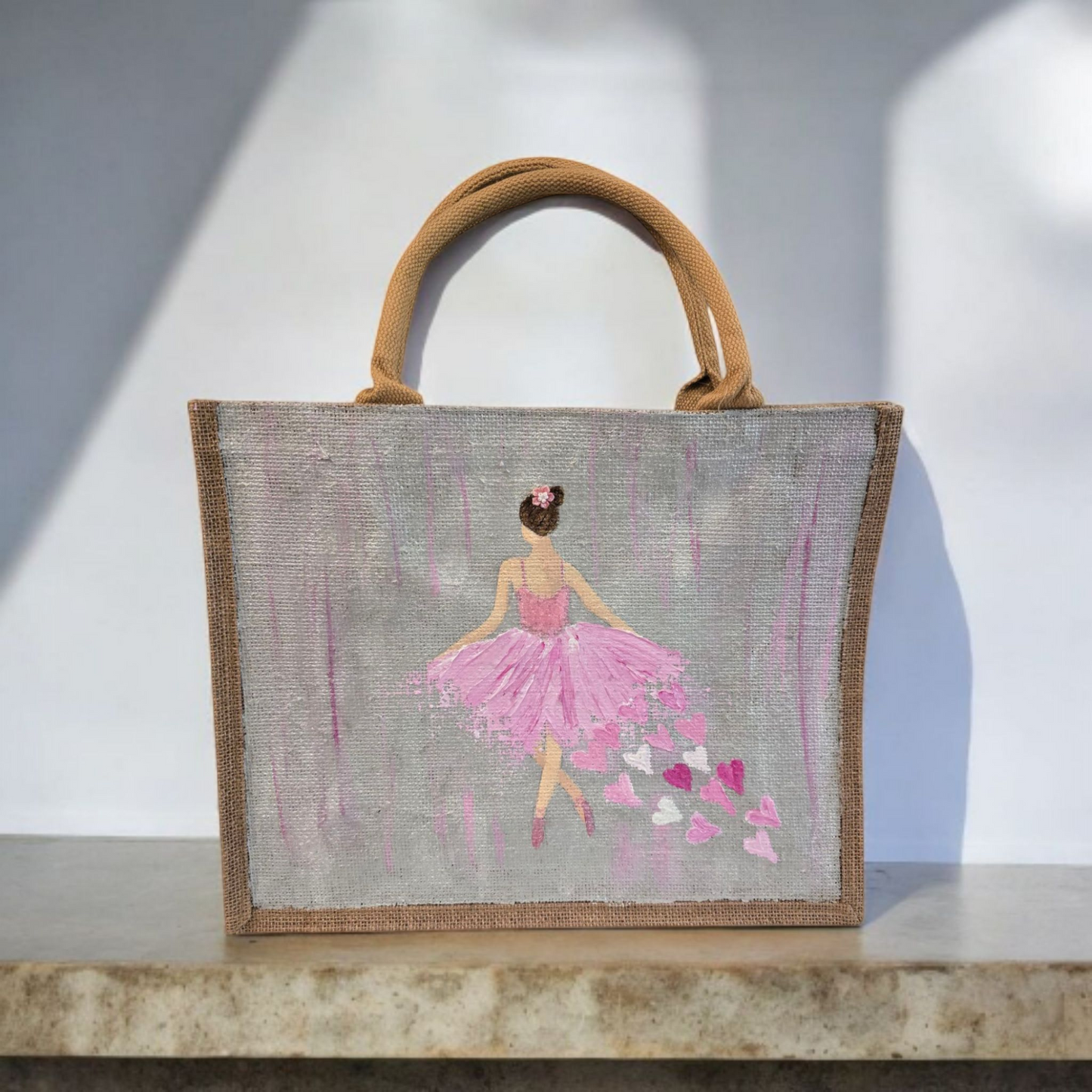 heart of a dancer tote bag, dancer tote bag, hearts tote bag, beaded dancer jute bag, eco-friendly tote bag, off white tote bag