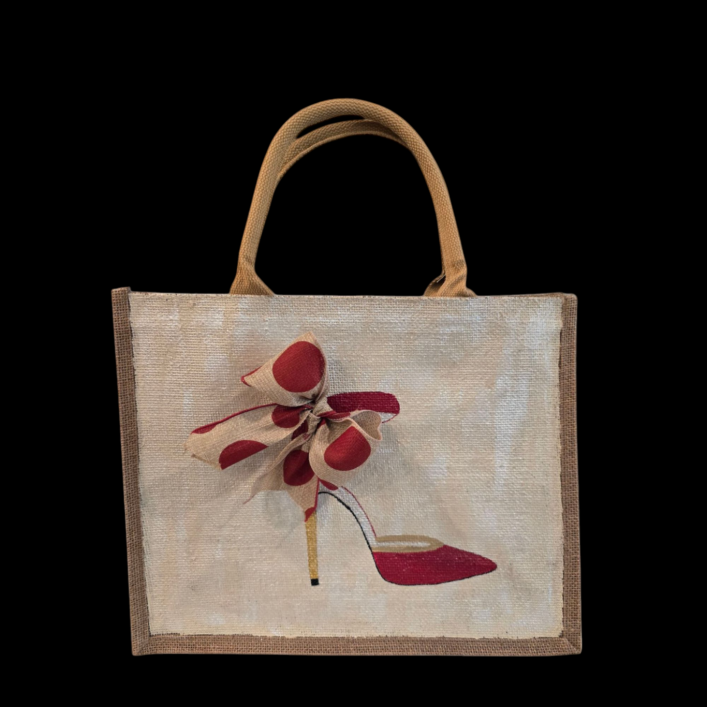 Hand-Painted-Tote-Bag, Red-and-Tan-Polka-Dot-Stilettos, Unique-Artistic-Design