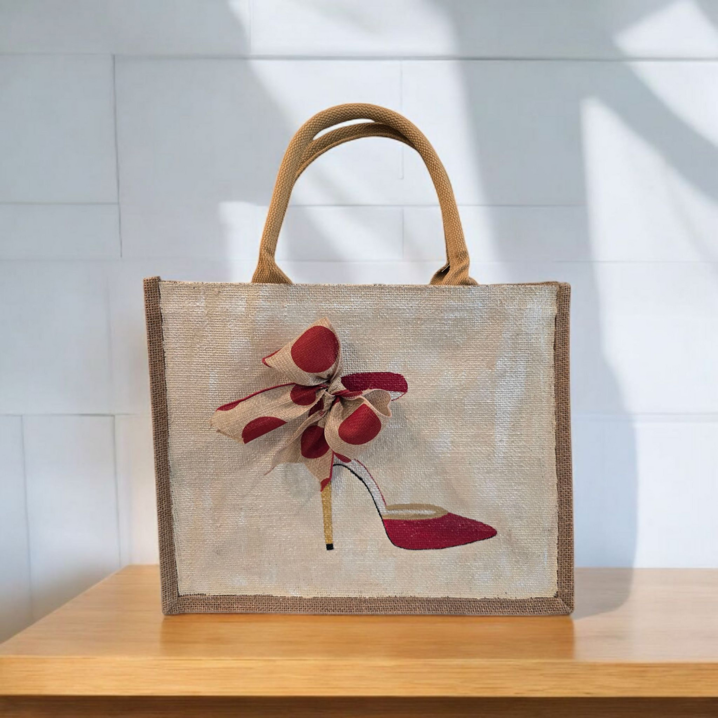 Hand-Painted-Tote-Bag, Red-and-Tan-Polka-Dot-Stilettos, Unique-Artistic-Design