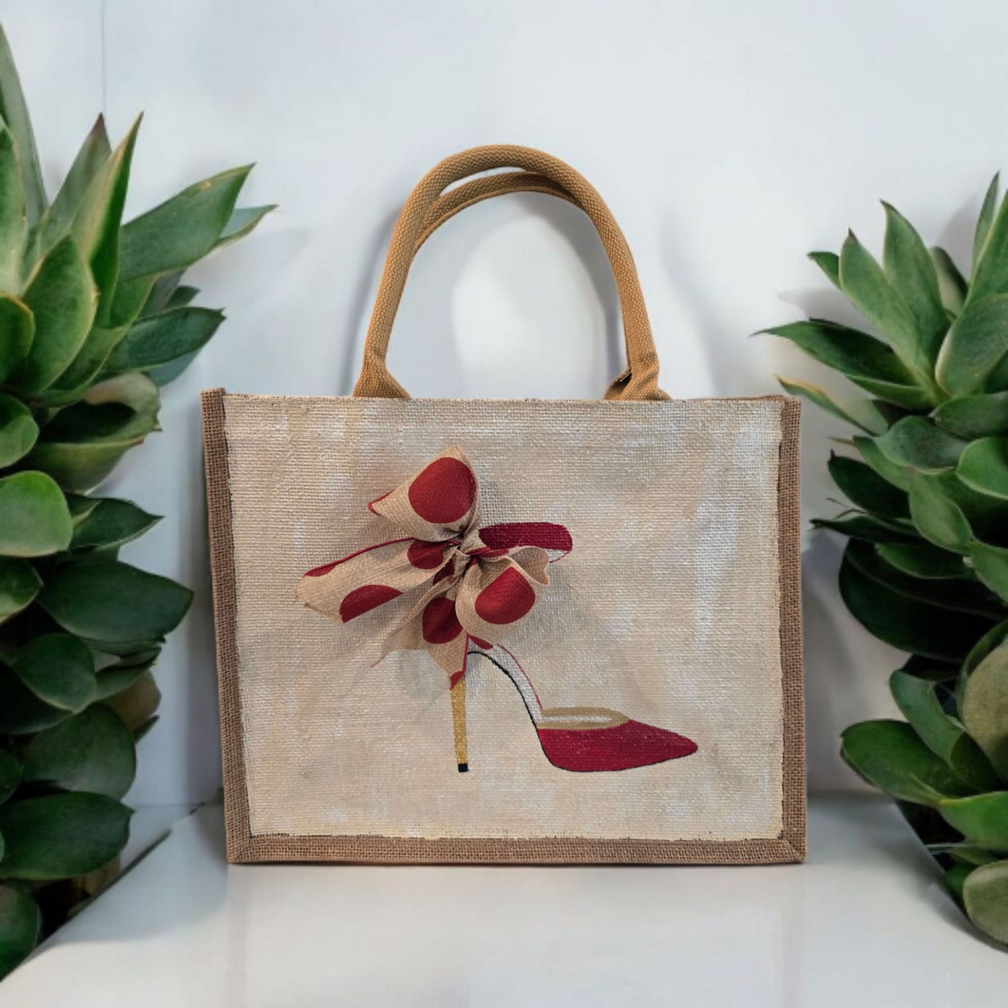 Hand-Painted-Tote-Bag, Red-and-Tan-Polka-Dot-Stilettos, Unique-Artistic-Design