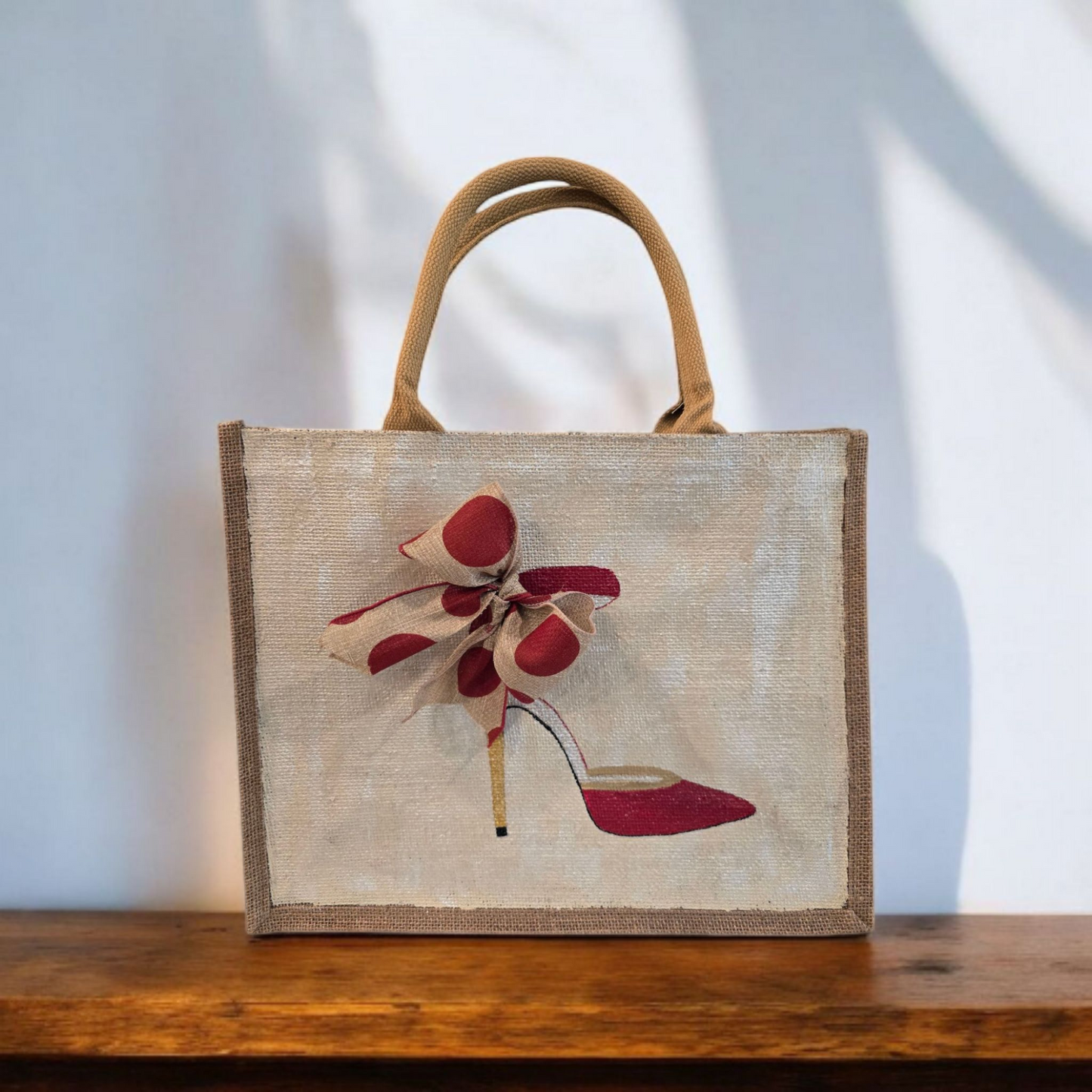 Hand-Painted-Tote-Bag, Red-and-Tan-Polka-Dot-Stilettos, Unique-Artistic-Design