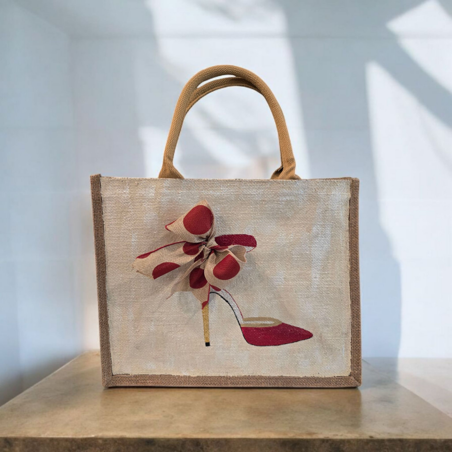 Hand-Painted-Tote-Bag, Red-and-Tan-Polka-Dot-Stilettos, Unique-Artistic-Design