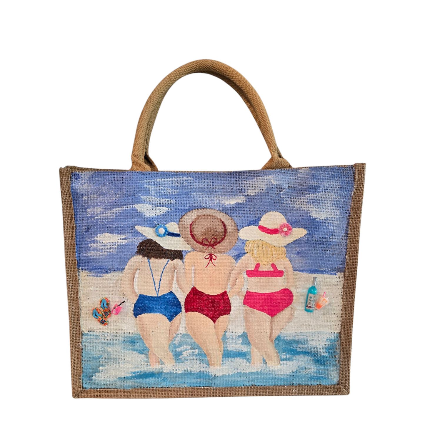 girlfriends beach tote bag, blue tote bag, hand painted beaded beach jute bag, eco-friendly beach tote, friends at the beach tote