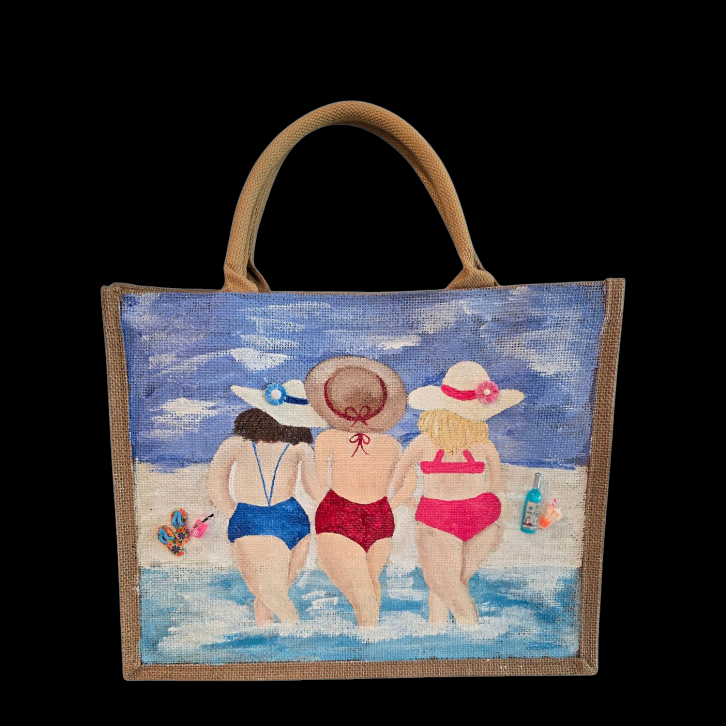 girlfriends beach tote bag, blue tote bag, hand painted beaded beach jute bag, eco-friendly beach tote, friends at the beach tote