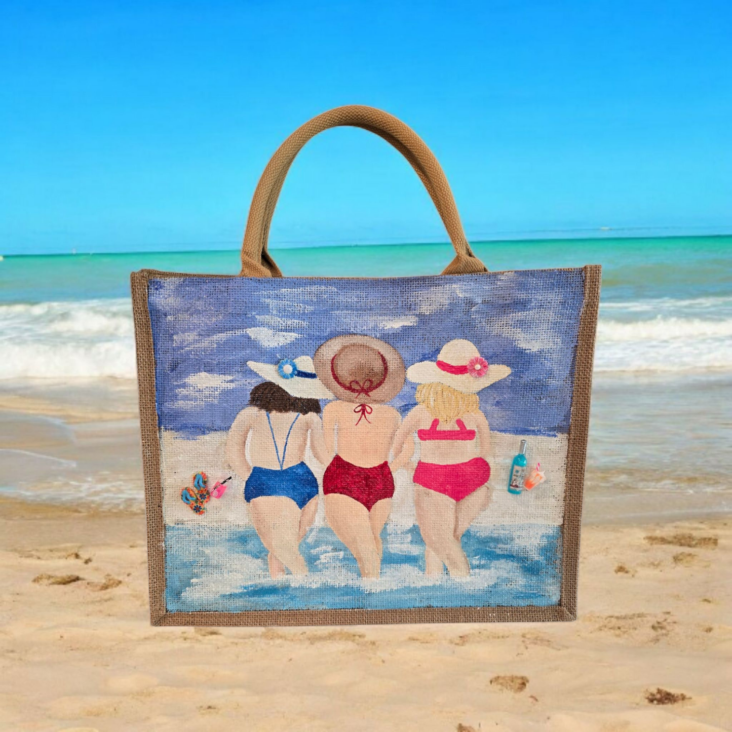 girlfriends beach tote bag, blue tote bag, hand painted beaded beach jute bag, eco-friendly beach tote, friends at the beach tote