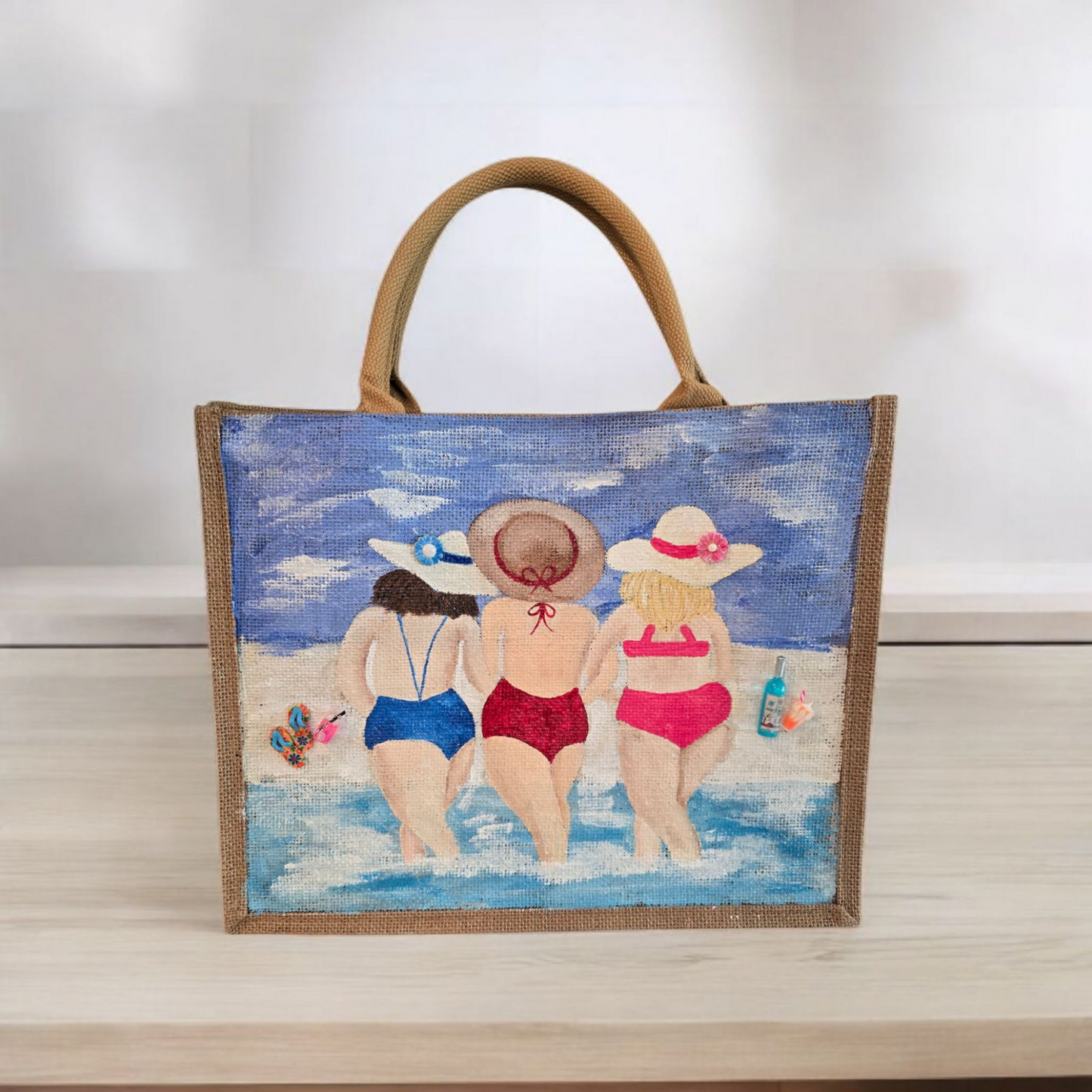girlfriends beach tote bag, blue tote bag, hand painted beaded beach jute bag, eco-friendly beach tote, friends at the beach tote
