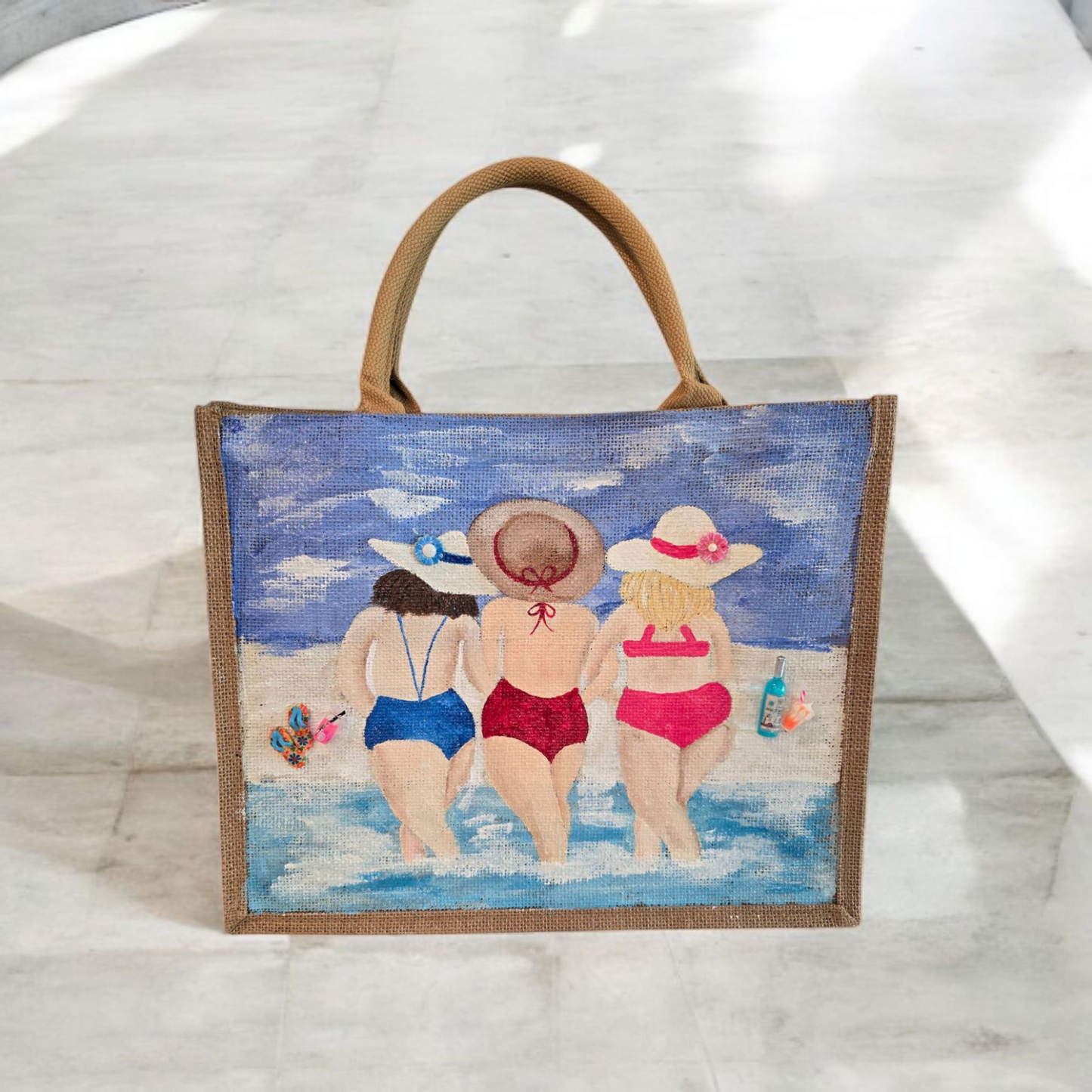 girlfriends beach tote bag, blue tote bag, hand painted beaded beach jute bag, eco-friendly beach tote, friends at the beach tote