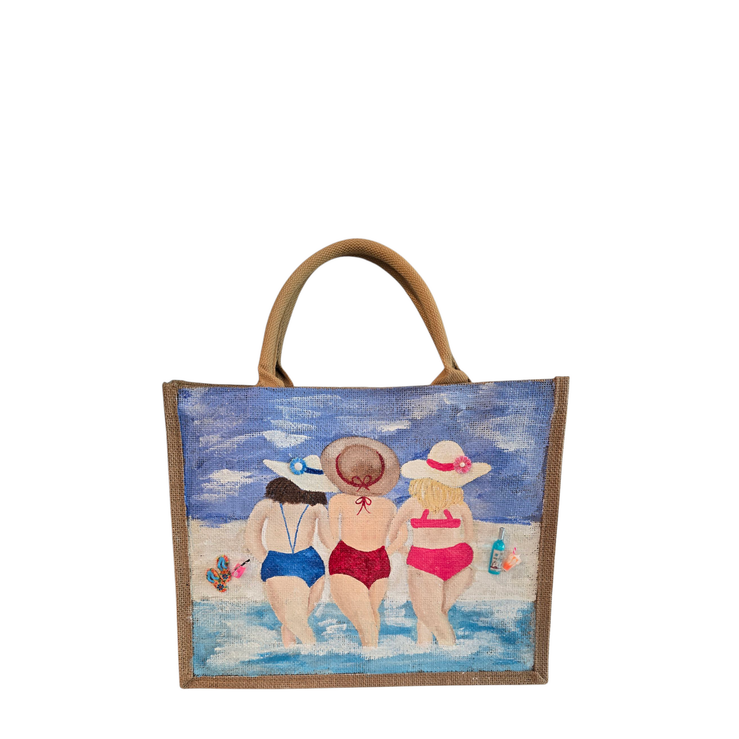 girlfriends beach tote bag, blue tote bag, hand painted beaded beach jute bag, eco-friendly beach tote, friends at the beach tote