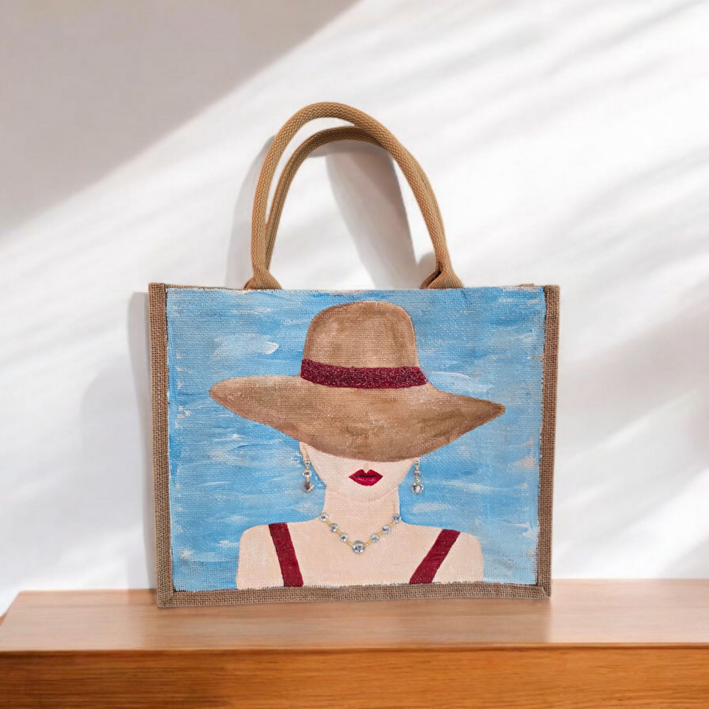 lady in hat beach tote bag, blue beach tote, hand painted beaded lady jute bag, eco-friendly summer tote