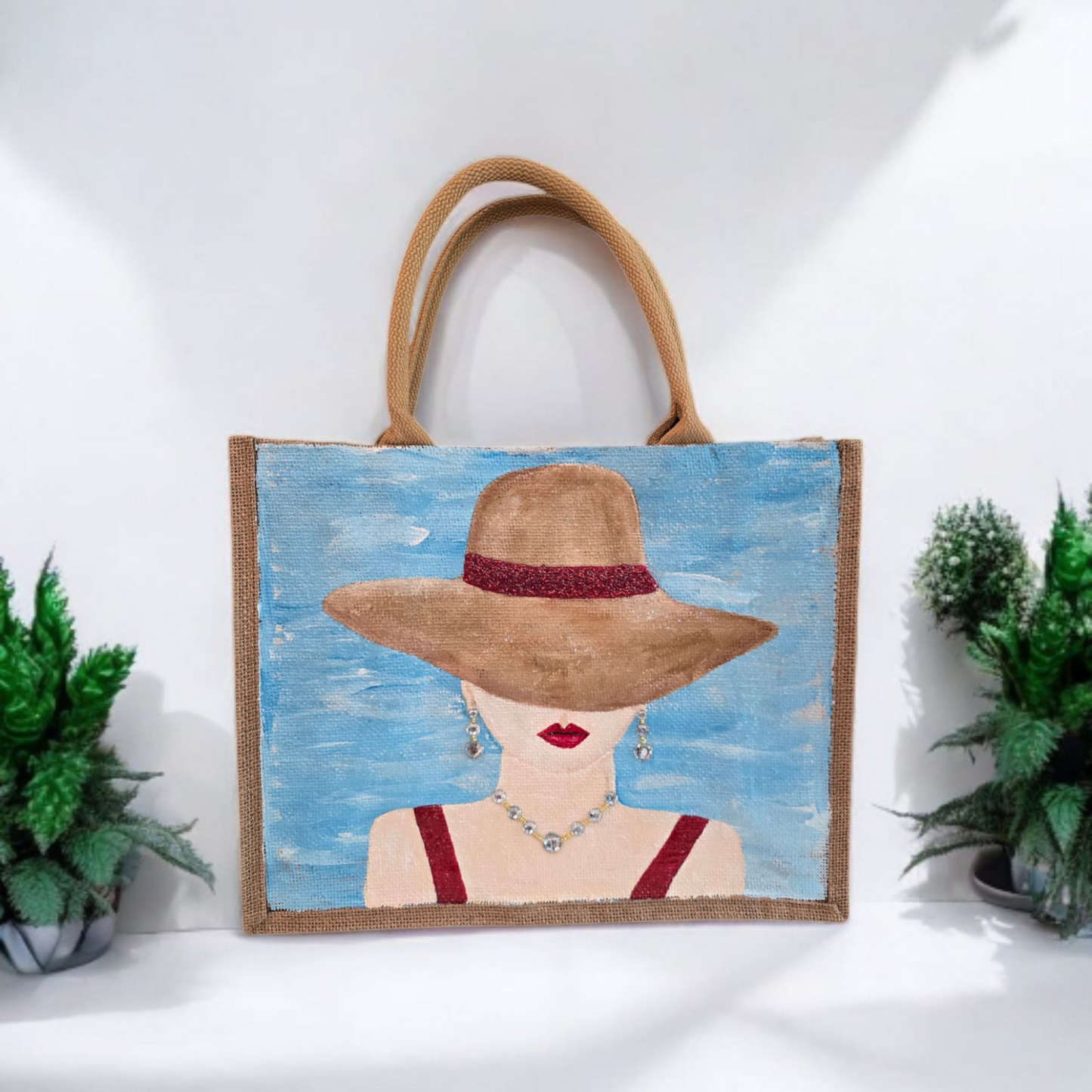 lady in hat beach tote bag, blue beach tote, hand painted beaded lady jute bag, eco-friendly summer tote
