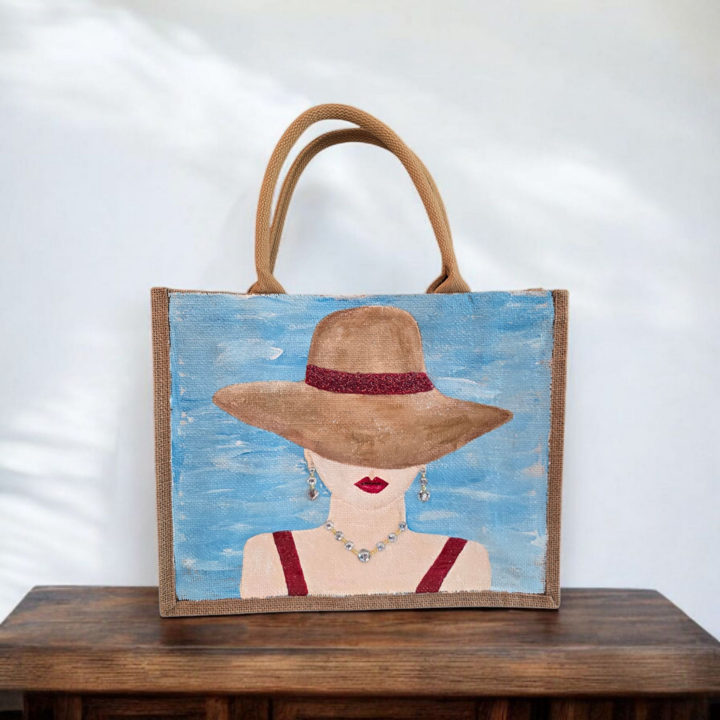 lady in hat beach tote bag, blue beach tote, hand painted beaded lady jute bag, eco-friendly summer tote